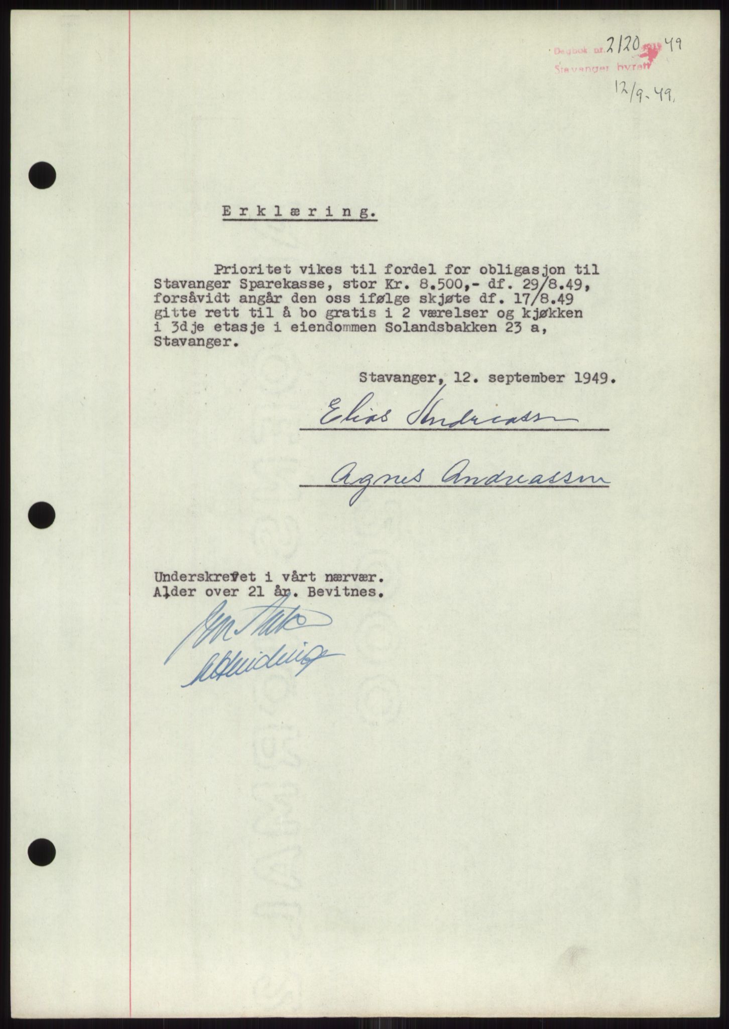 Stavanger byrett, SAST/A-100455/002/G/Gb/L0032: Mortgage book, 1947-1950, Diary no: : 2120/1949