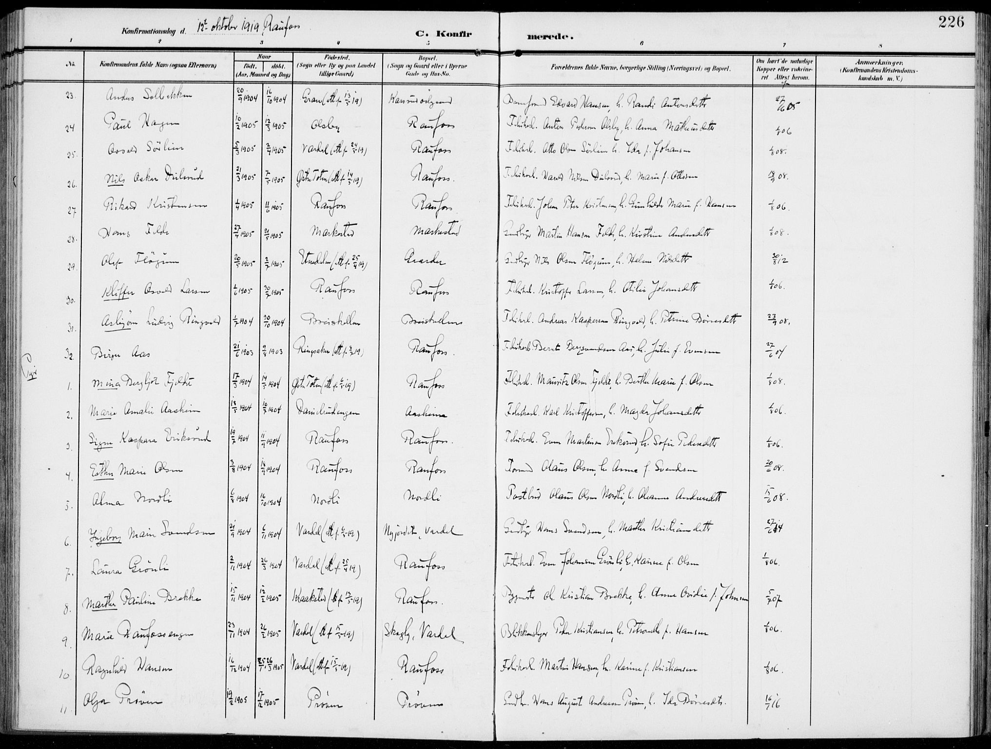 Vestre Toten prestekontor, SAH/PREST-108/H/Ha/Haa/L0014: Parish register (official) no. 14, 1907-1920, p. 226