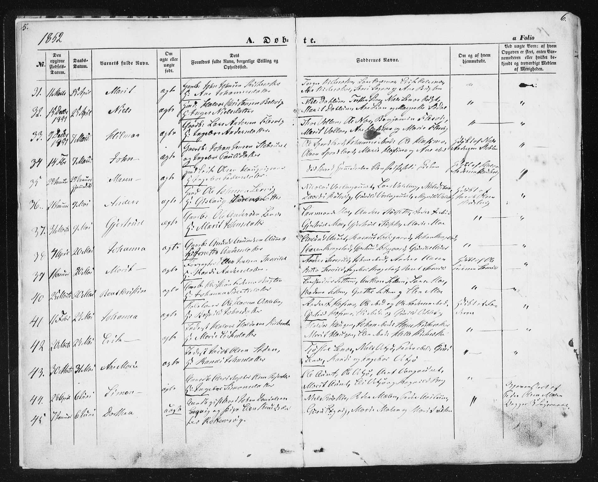 Ministerialprotokoller, klokkerbøker og fødselsregistre - Sør-Trøndelag, AV/SAT-A-1456/630/L0494: Parish register (official) no. 630A07, 1852-1868, p. 5-6