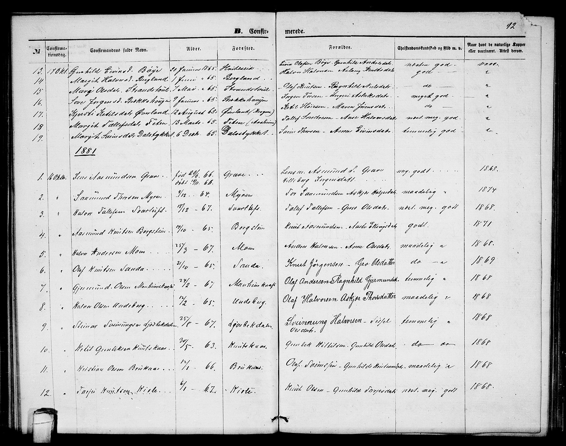 Seljord kirkebøker, SAKO/A-20/G/Ga/L0004: Parish register (copy) no. I 4, 1873-1886, p. 92