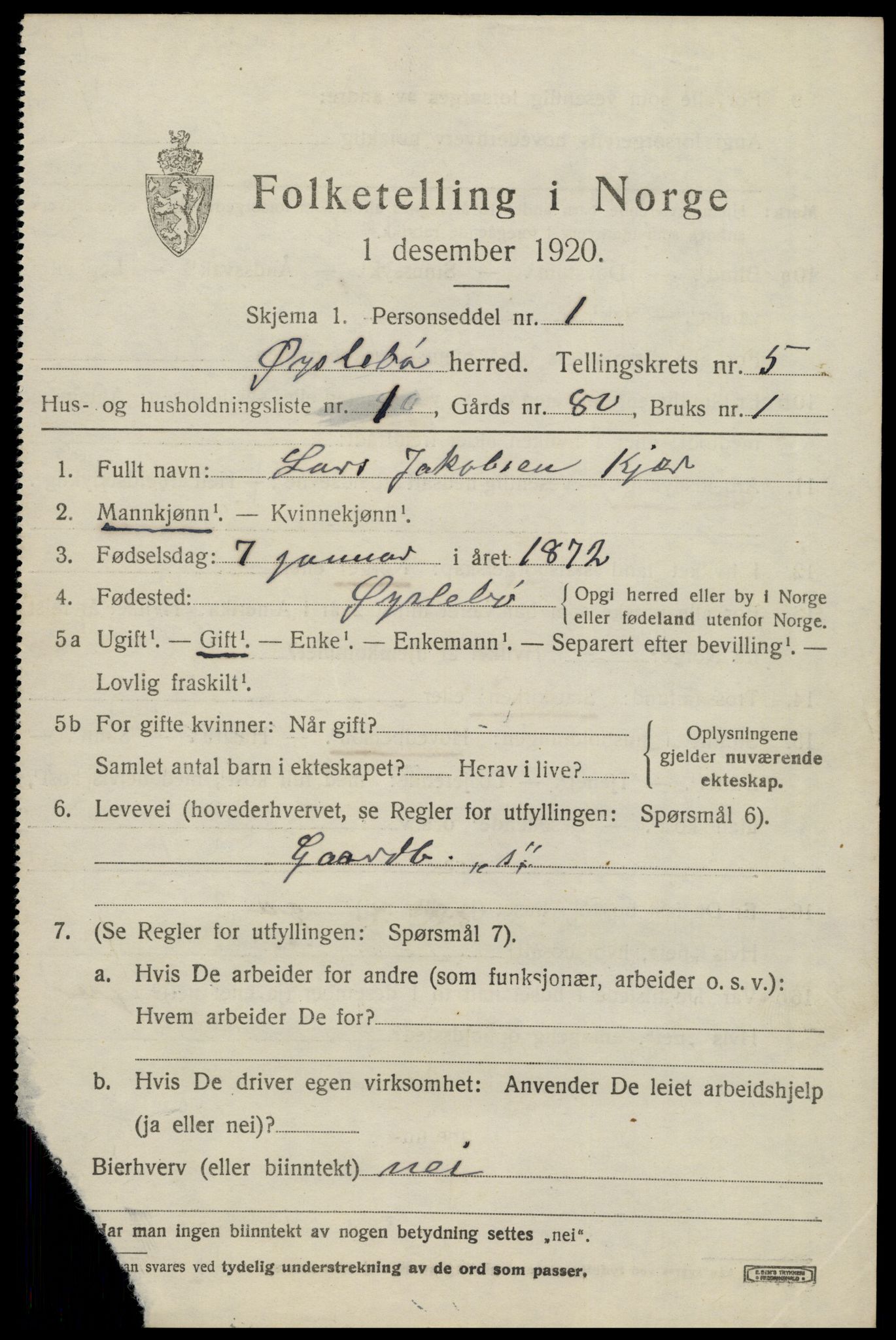 SAK, 1920 census for Øyslebø, 1920, p. 1292