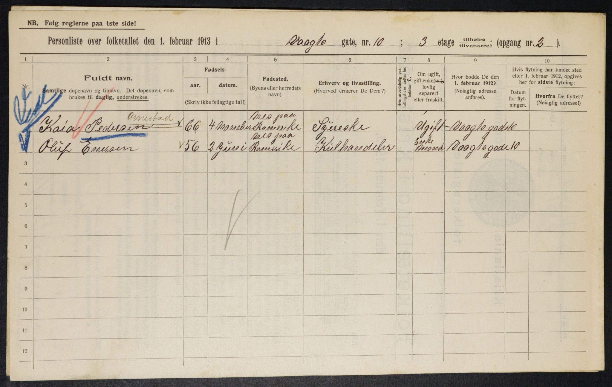 OBA, Municipal Census 1913 for Kristiania, 1913, p. 124171