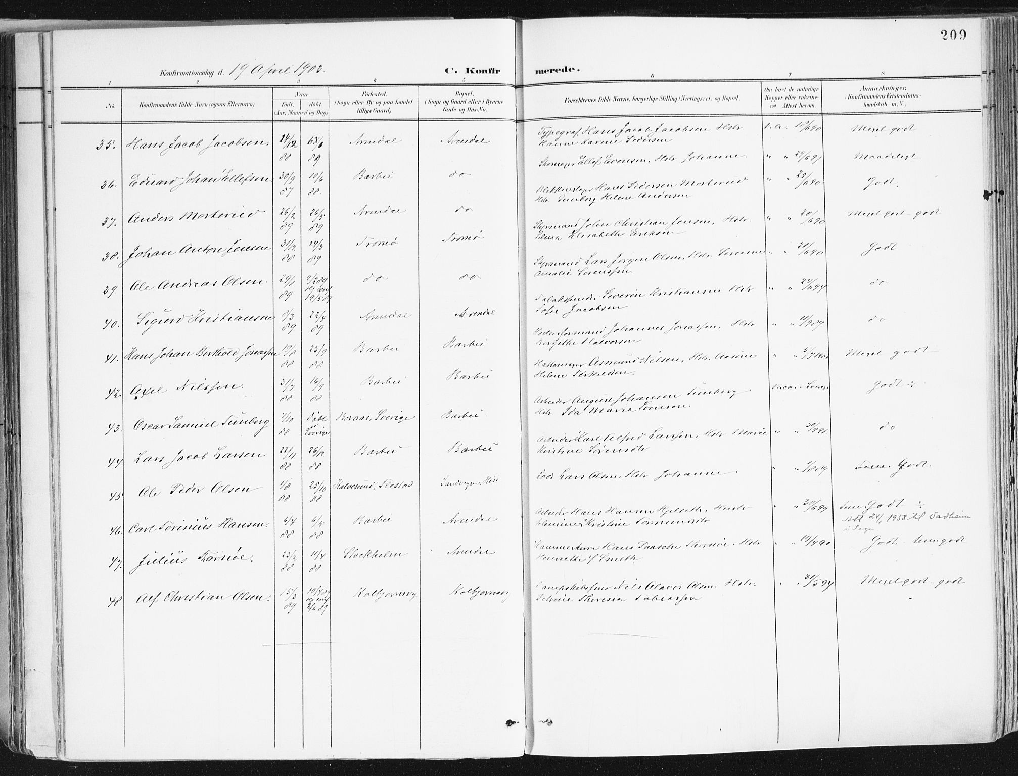 Arendal sokneprestkontor, Trefoldighet, AV/SAK-1111-0040/F/Fa/L0010: Parish register (official) no. A 10, 1900-1919, p. 209