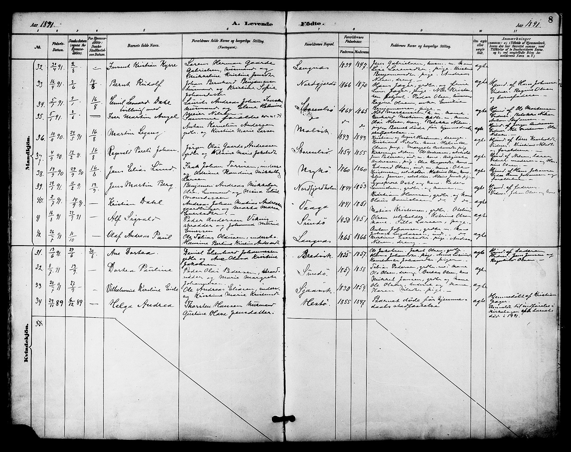 Ministerialprotokoller, klokkerbøker og fødselsregistre - Nordland, SAT/A-1459/841/L0610: Parish register (official) no. 841A14, 1890-1901, p. 8