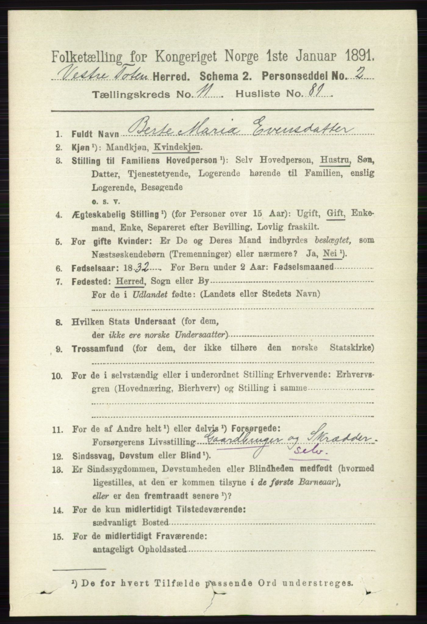 RA, 1891 census for 0529 Vestre Toten, 1891, p. 7193