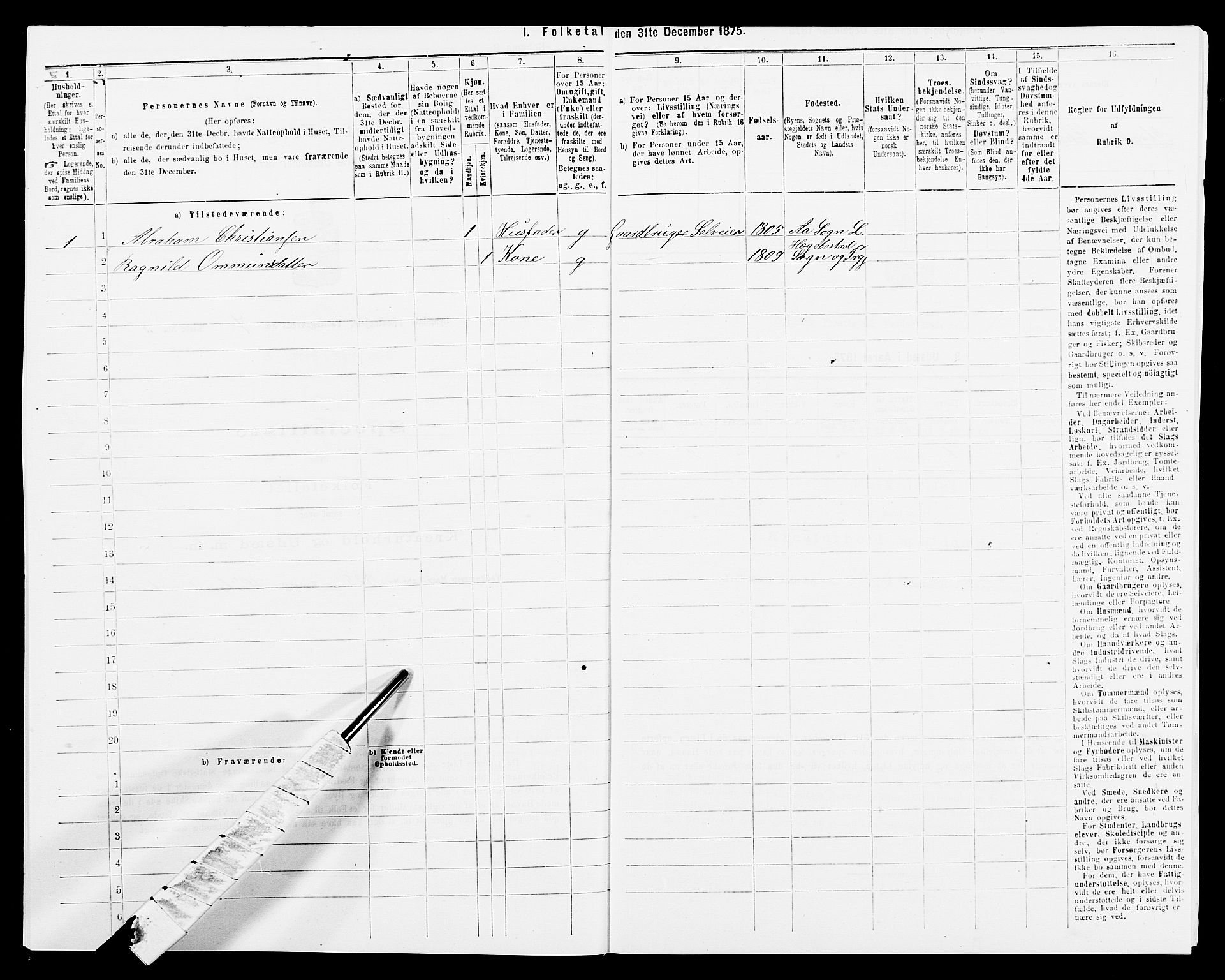 SAK, 1875 census for 1032P Lyngdal, 1875, p. 1106