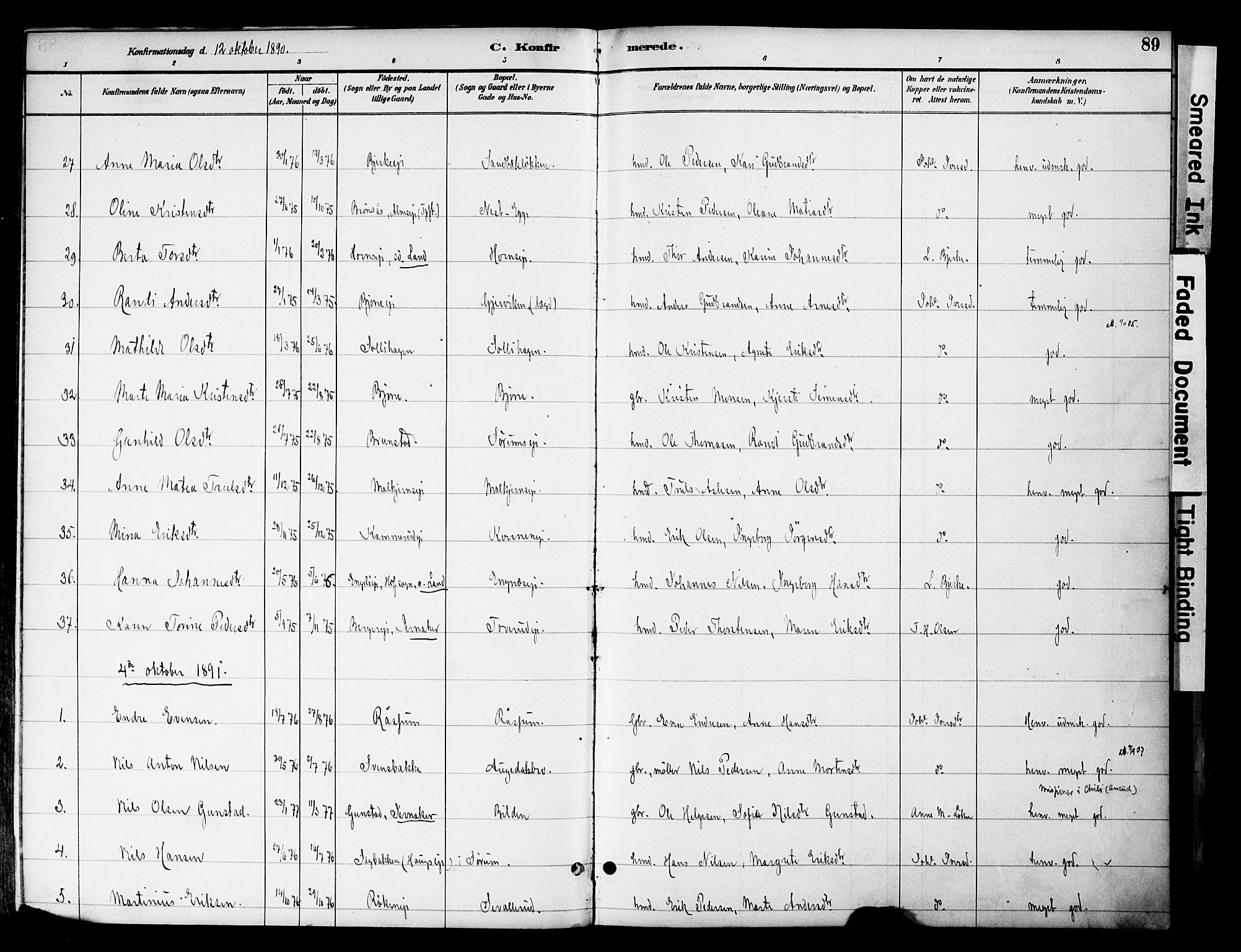 Gran prestekontor, SAH/PREST-112/H/Ha/Haa/L0020: Parish register (official) no. 20, 1889-1899, p. 89