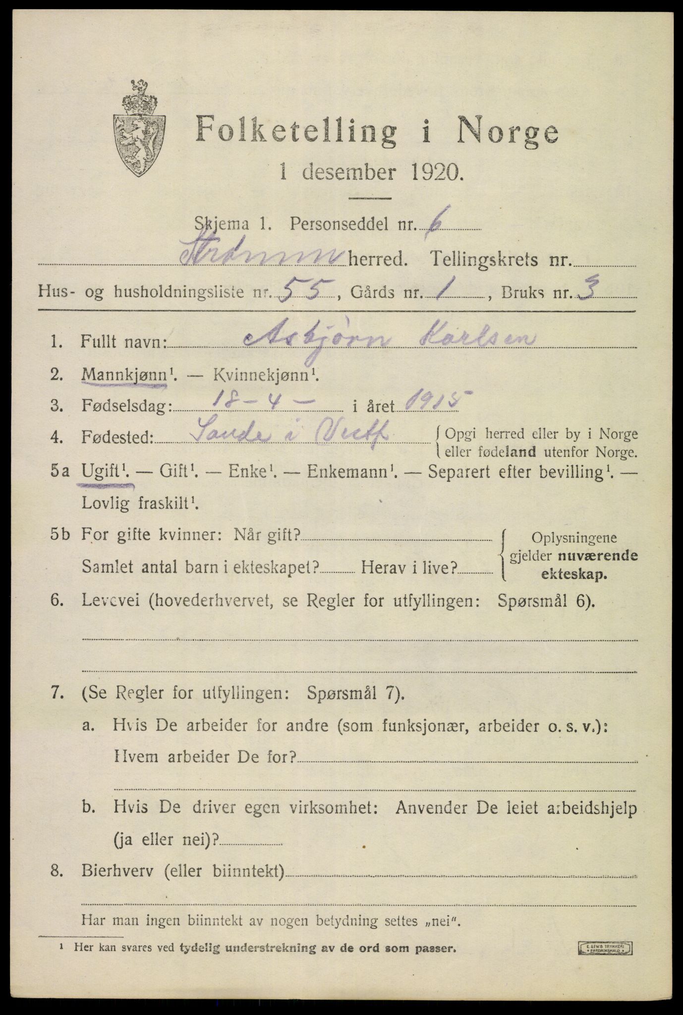 SAKO, 1920 census for Strømm, 1920, p. 1497