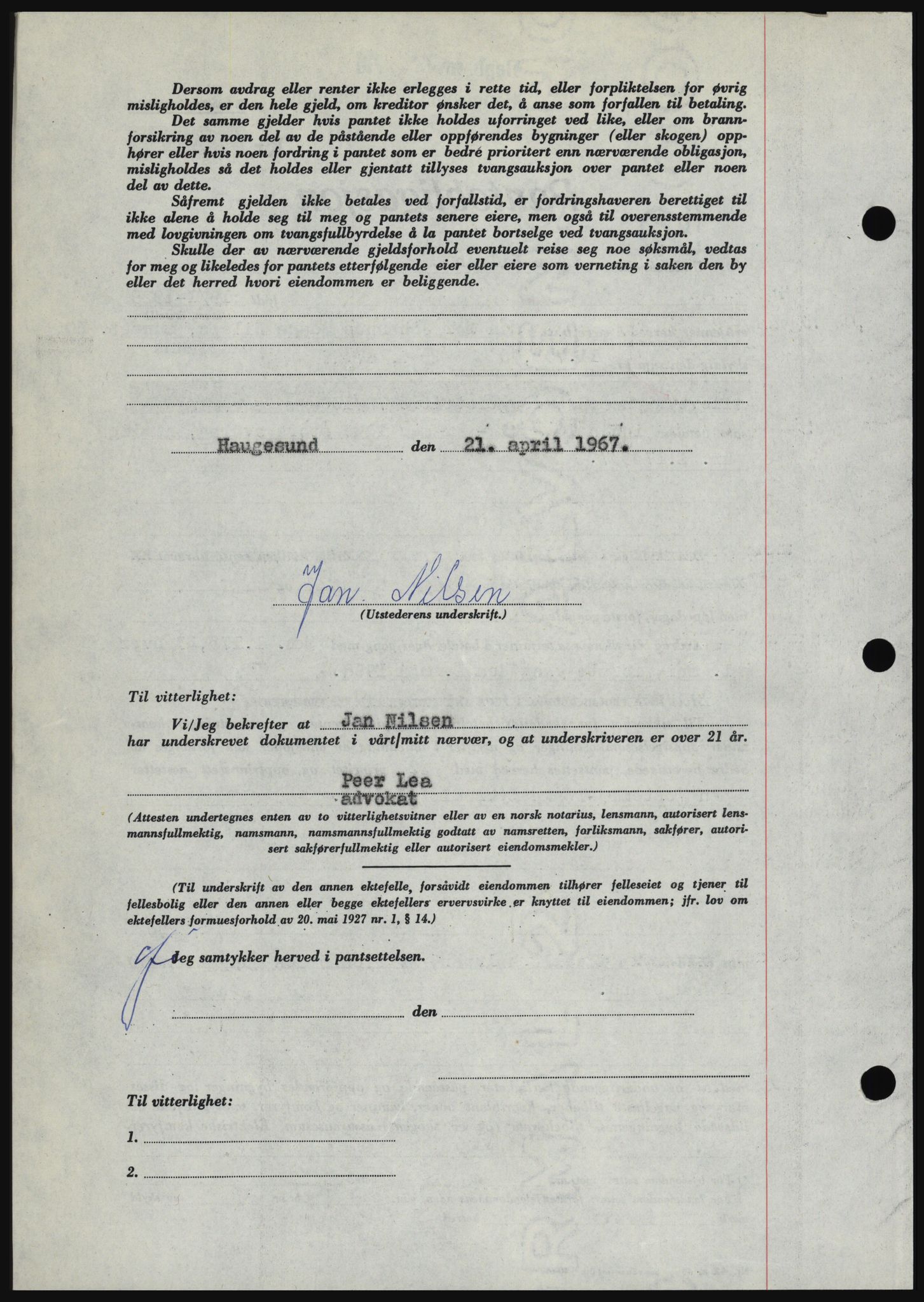 Haugesund tingrett, SAST/A-101415/01/II/IIC/L0056: Mortgage book no. B 56, 1966-1967, Diary no: : 1021/1967
