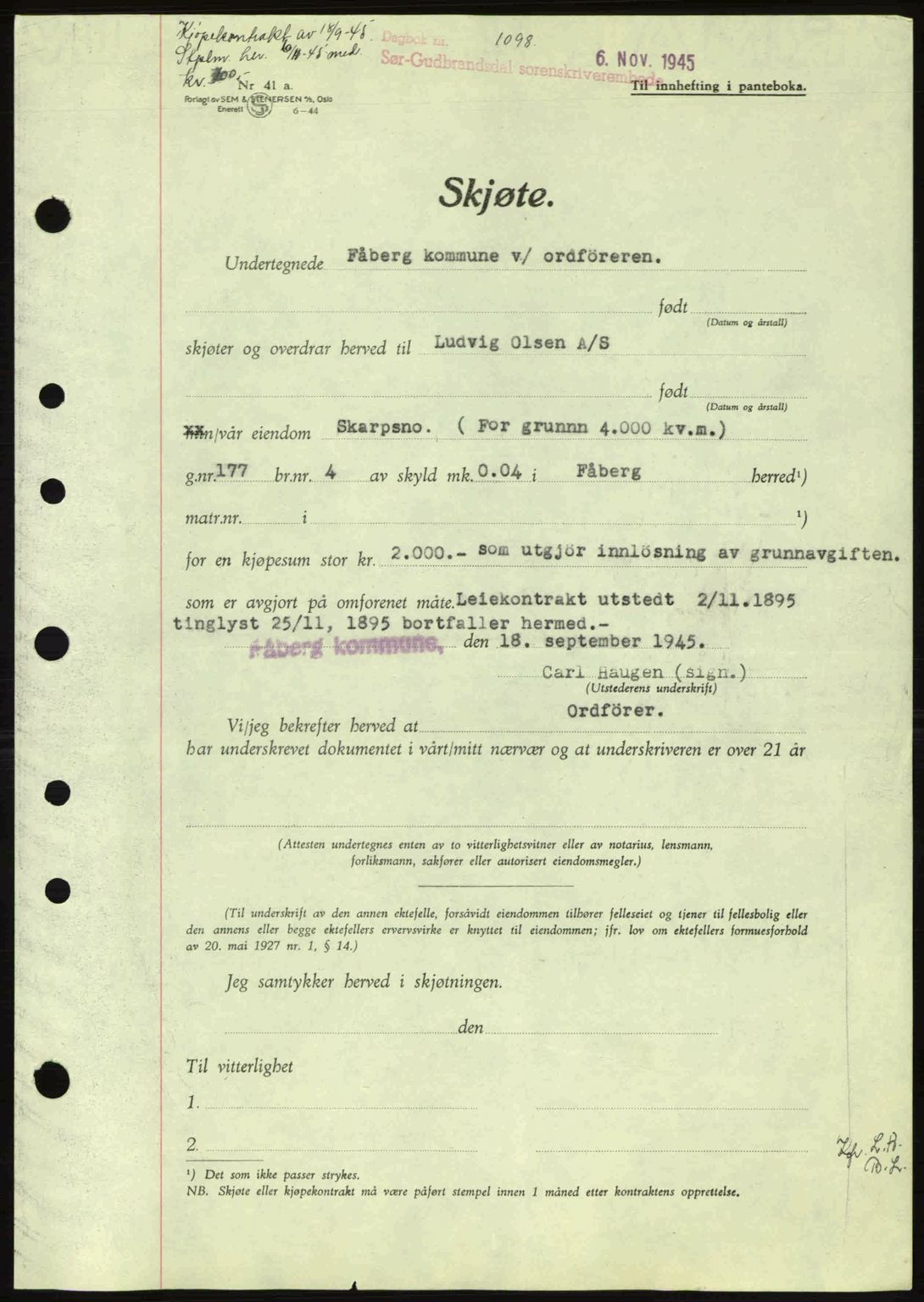 Sør-Gudbrandsdal tingrett, SAH/TING-004/H/Hb/Hbd/L0014: Mortgage book no. A14, 1944-1945, Diary no: : 1098/1945