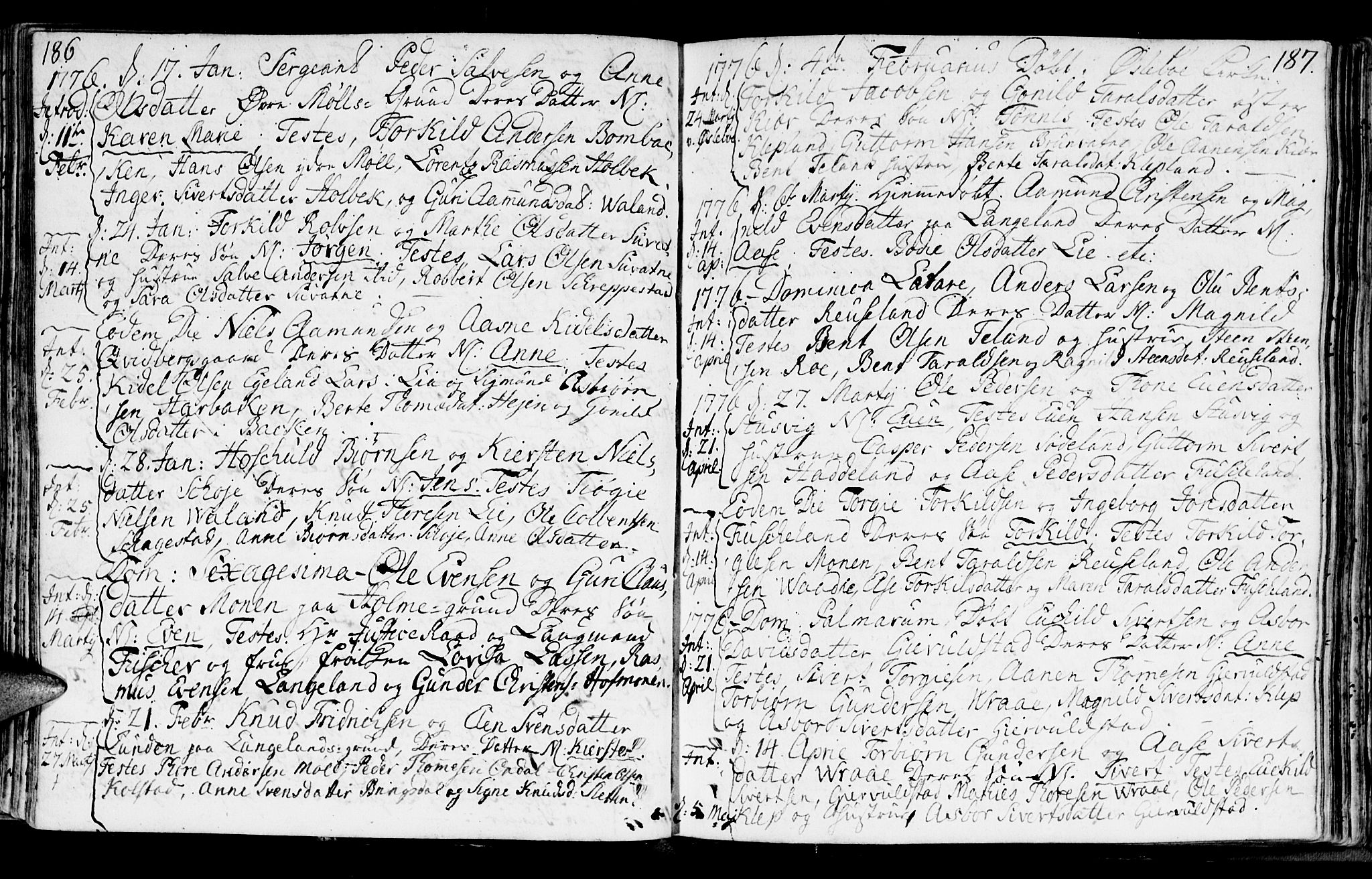 Holum sokneprestkontor, AV/SAK-1111-0022/F/Fa/Faa/L0002: Parish register (official) no. A 2, 1756-1780, p. 186-187