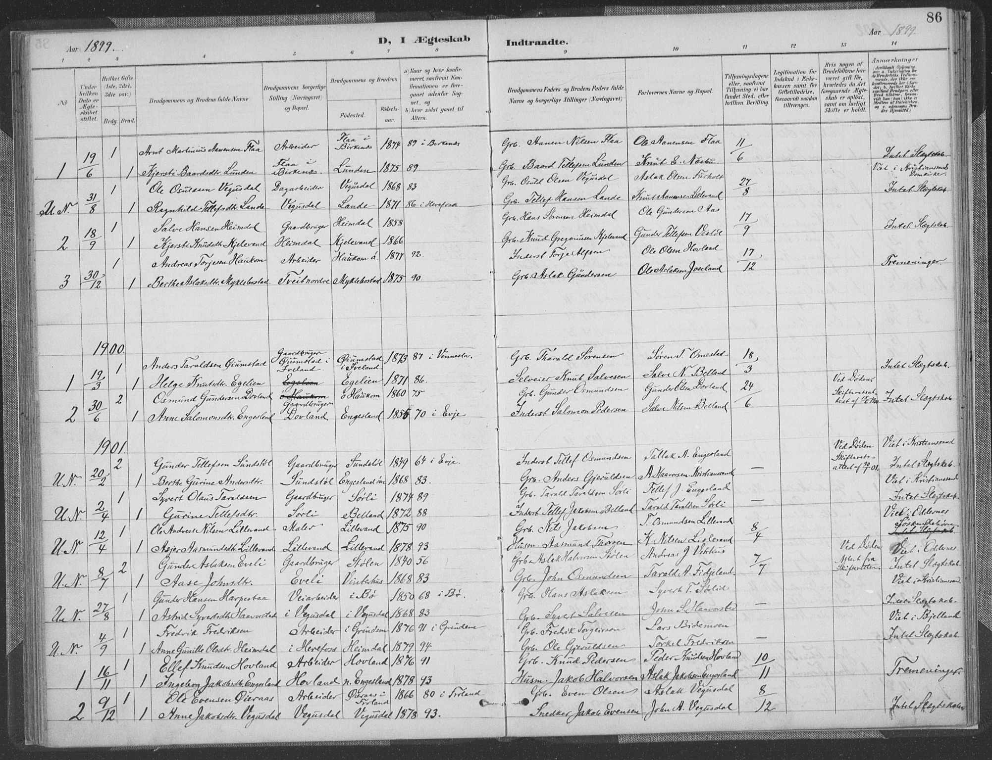 Herefoss sokneprestkontor, SAK/1111-0019/F/Fa/Fab/L0004: Parish register (official) no. A 4, 1887-1909, p. 86