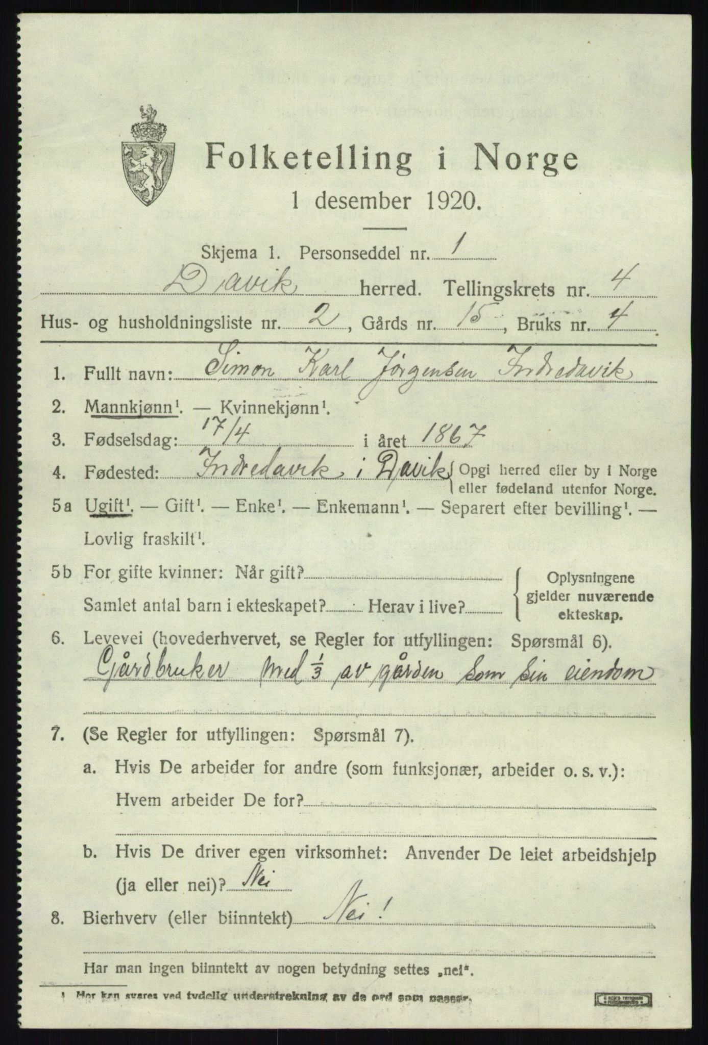 SAB, 1920 census for Davik, 1920, p. 2167