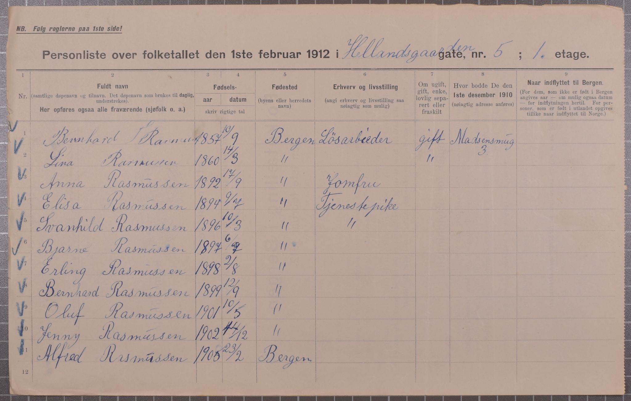 SAB, Municipal Census 1912 for Bergen, 1912, p. 2171