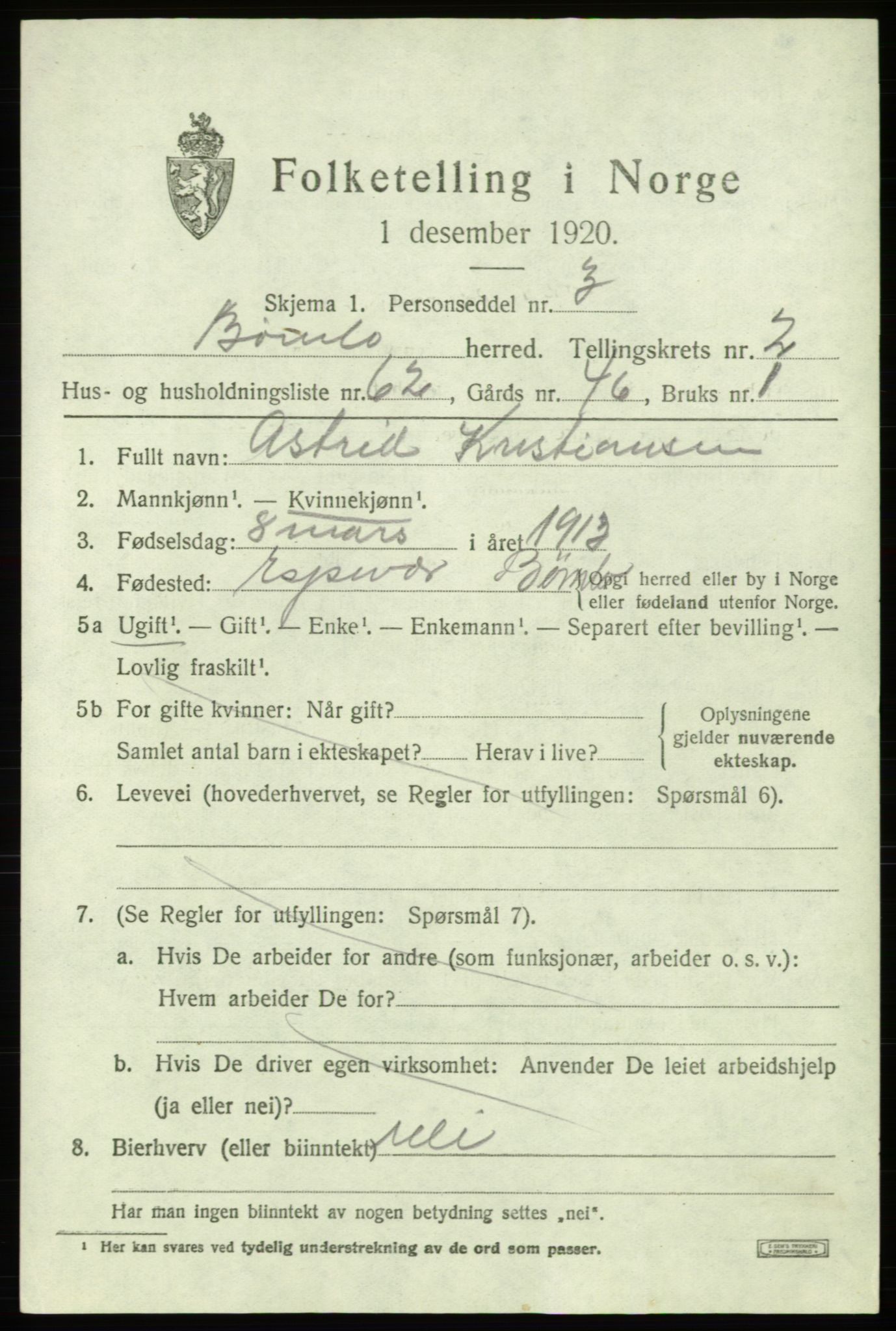 SAB, 1920 census for Bømlo, 1920, p. 2443