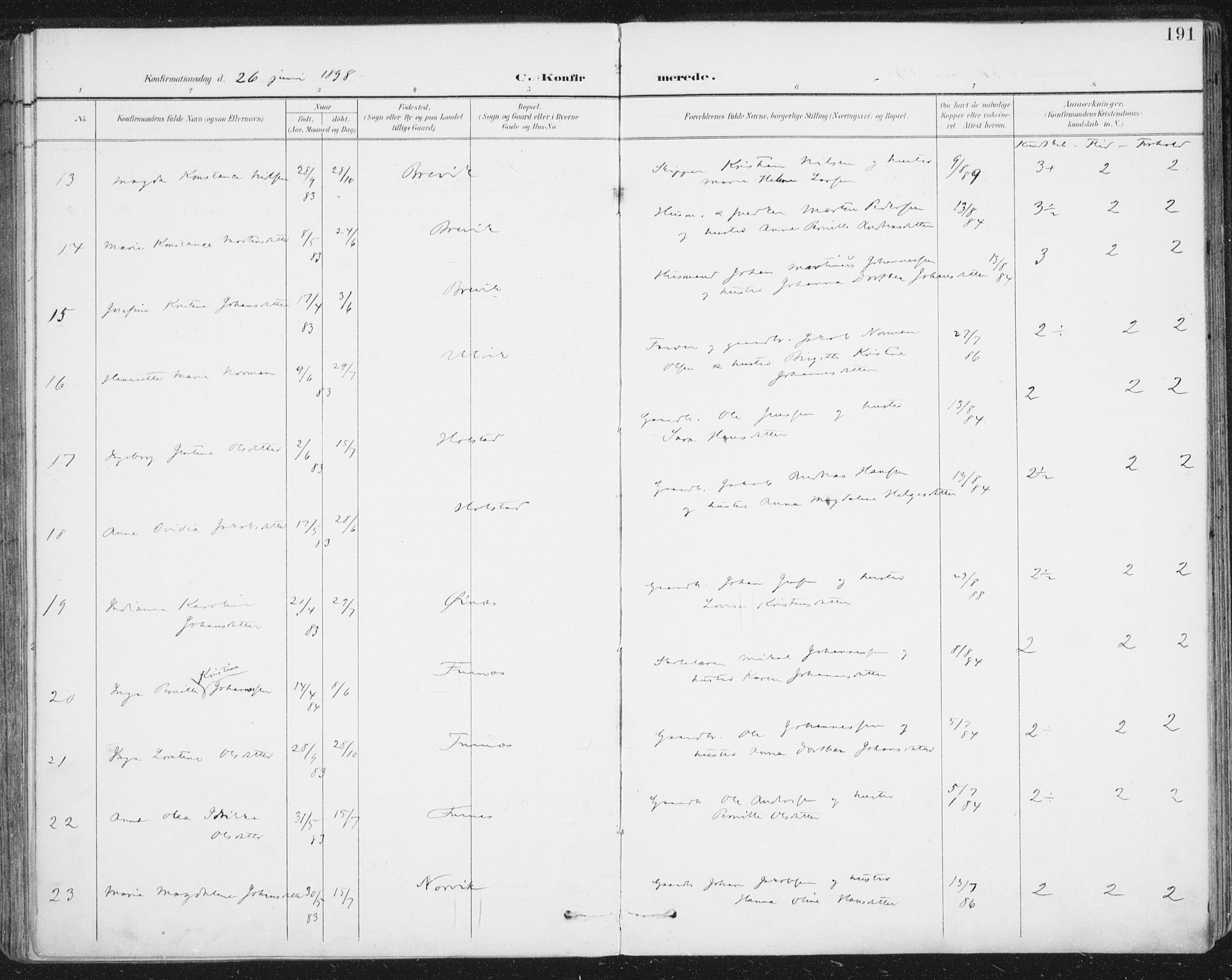 Ministerialprotokoller, klokkerbøker og fødselsregistre - Nordland, AV/SAT-A-1459/852/L0741: Parish register (official) no. 852A11, 1894-1917, p. 191