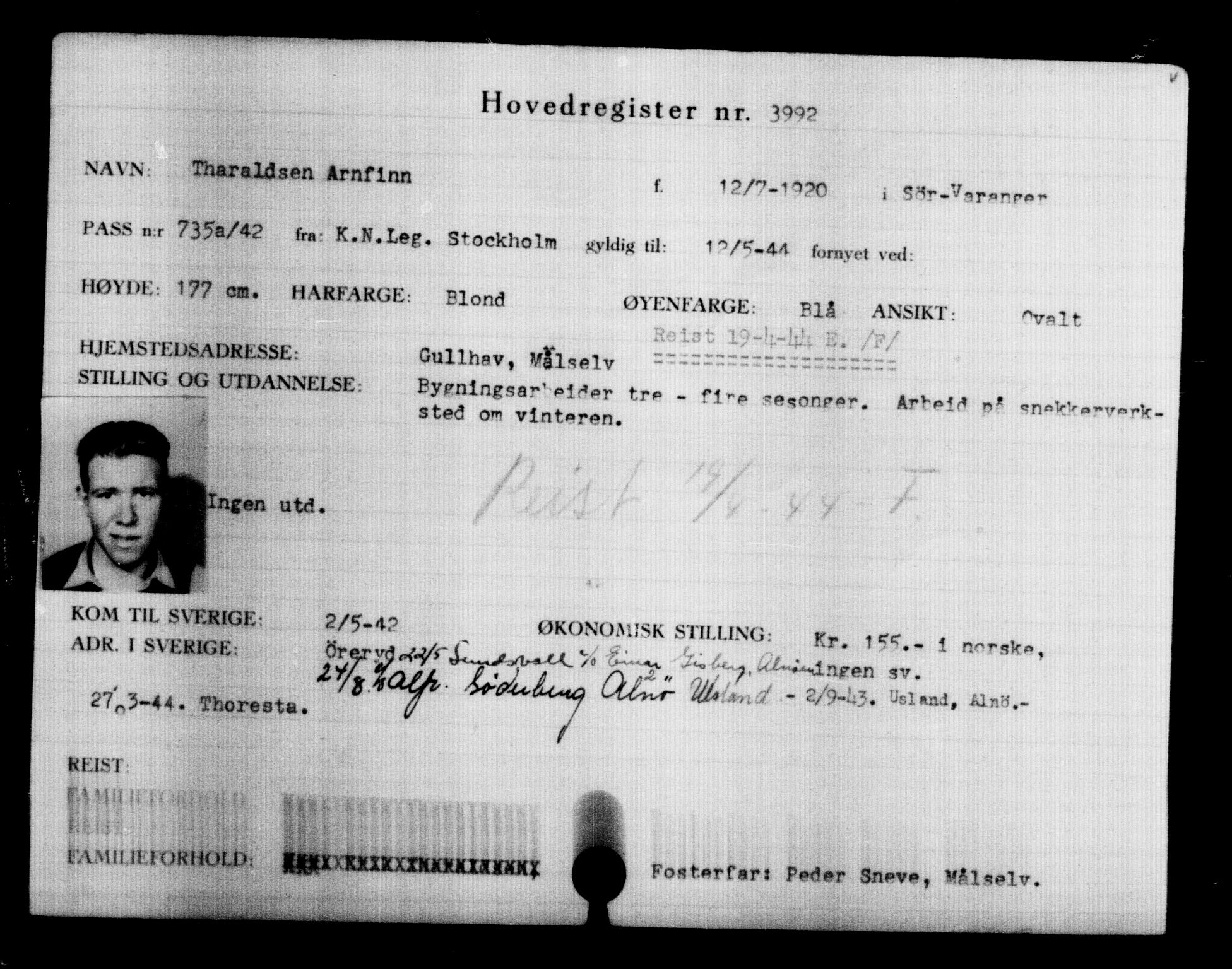 Utenriksstasjonene, Legasjonen i Stockholm, Flyktningkontoret, AV/RA-S-6753/V/Va/L0004: Kjesäterkartoteket, flyktninger med registreringsnr. 3496-6610, 1940-1945, p. 578