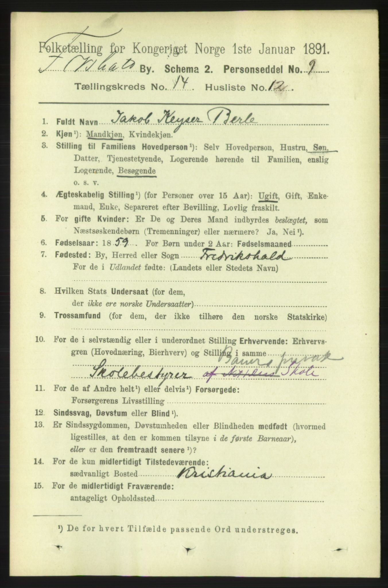 RA, 1891 census for 0101 Fredrikshald, 1891, p. 9199