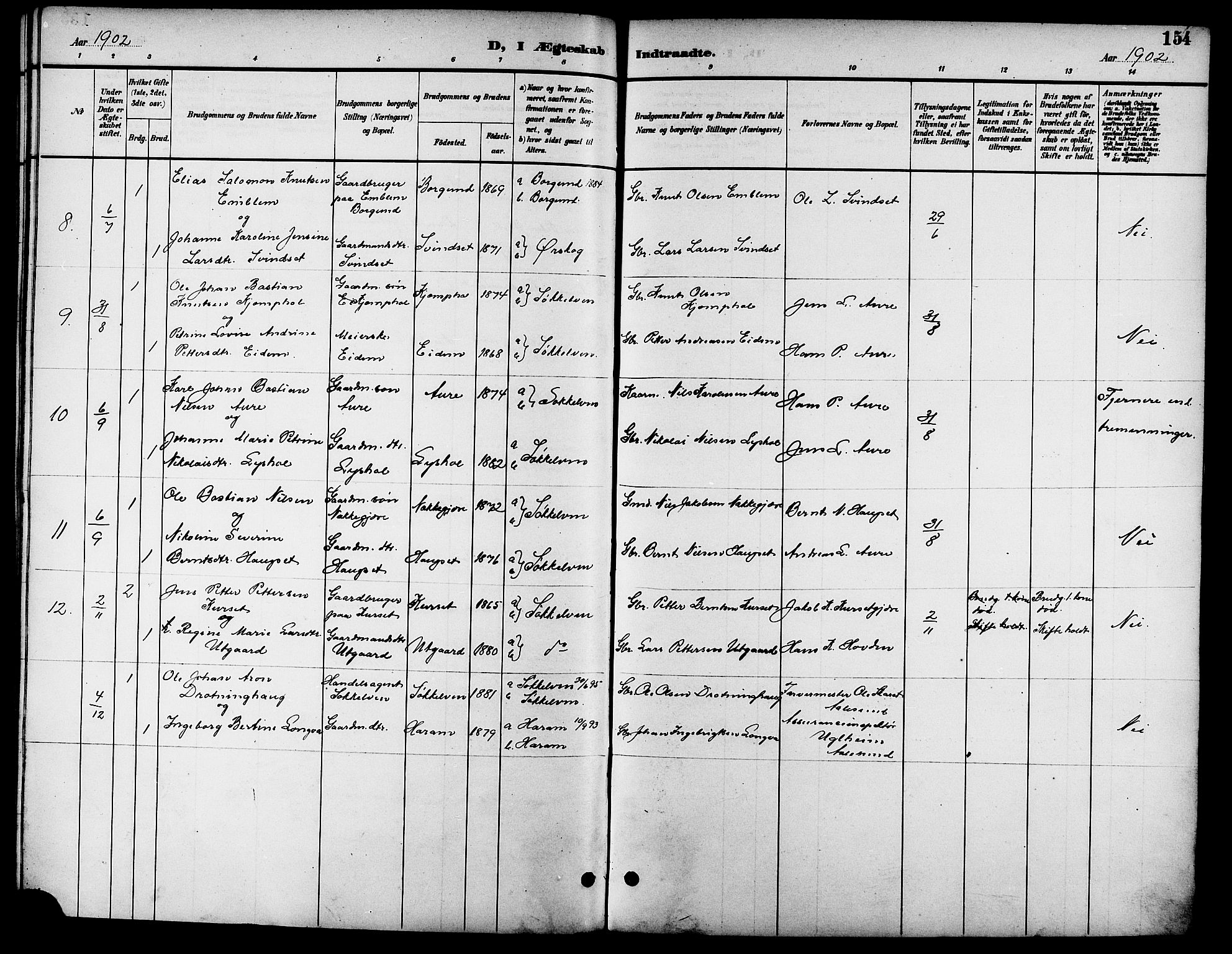 Ministerialprotokoller, klokkerbøker og fødselsregistre - Møre og Romsdal, AV/SAT-A-1454/523/L0340: Parish register (copy) no. 523C03, 1892-1902, p. 154