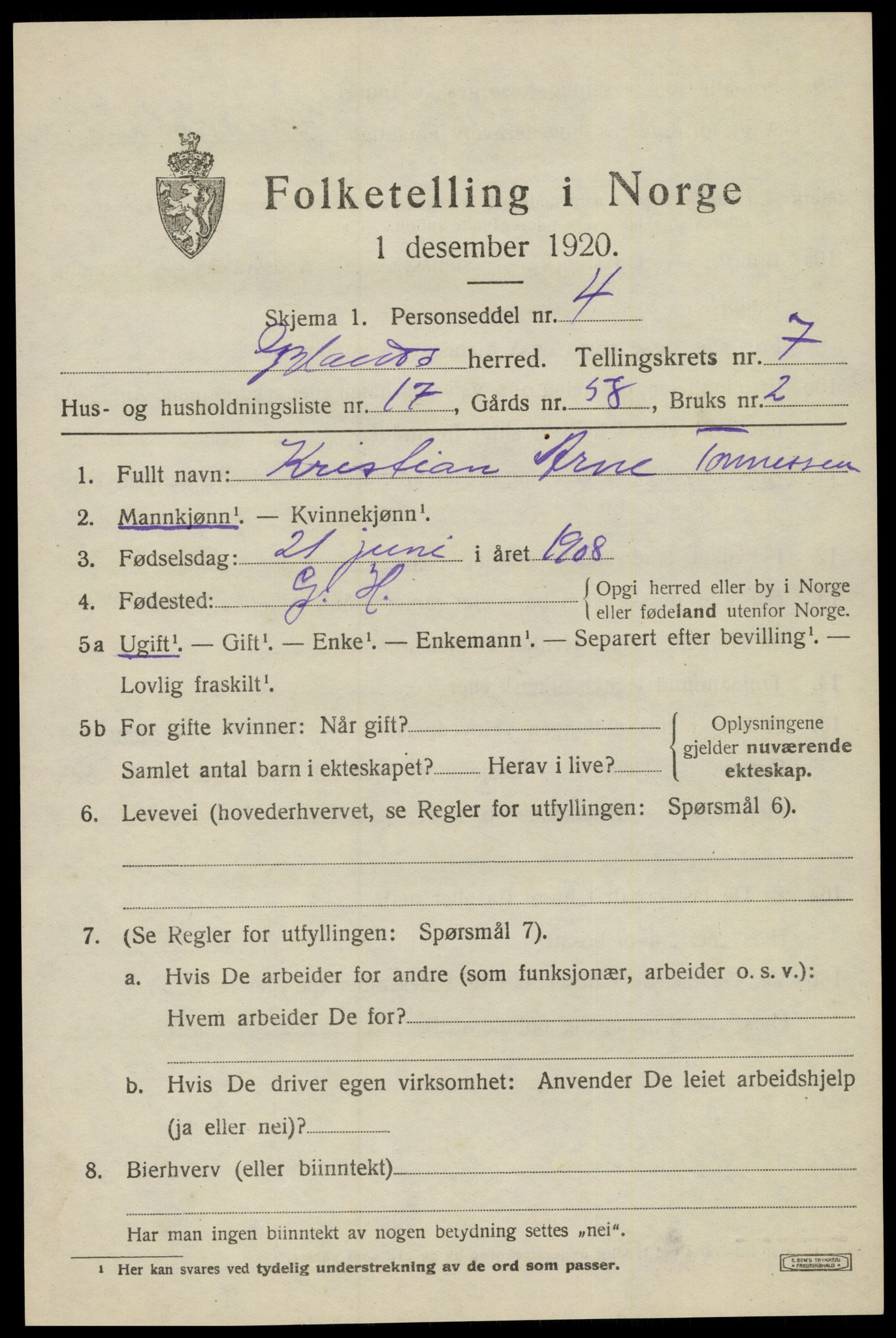 SAK, 1920 census for Gyland, 1920, p. 1630