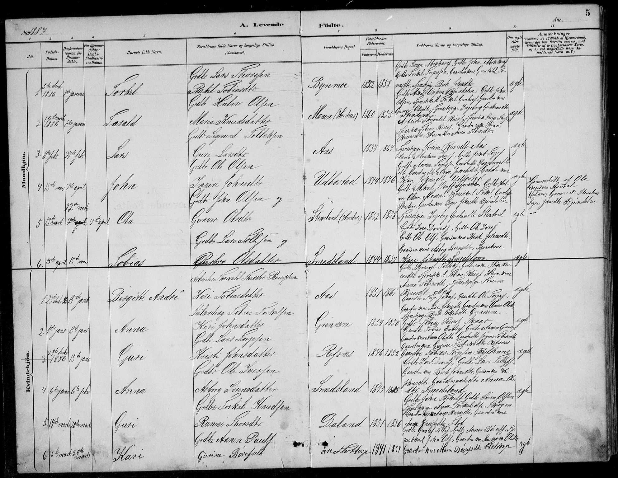 Bjelland sokneprestkontor, SAK/1111-0005/F/Fb/Fbc/L0003: Parish register (copy) no. B 3, 1887-1924, p. 5