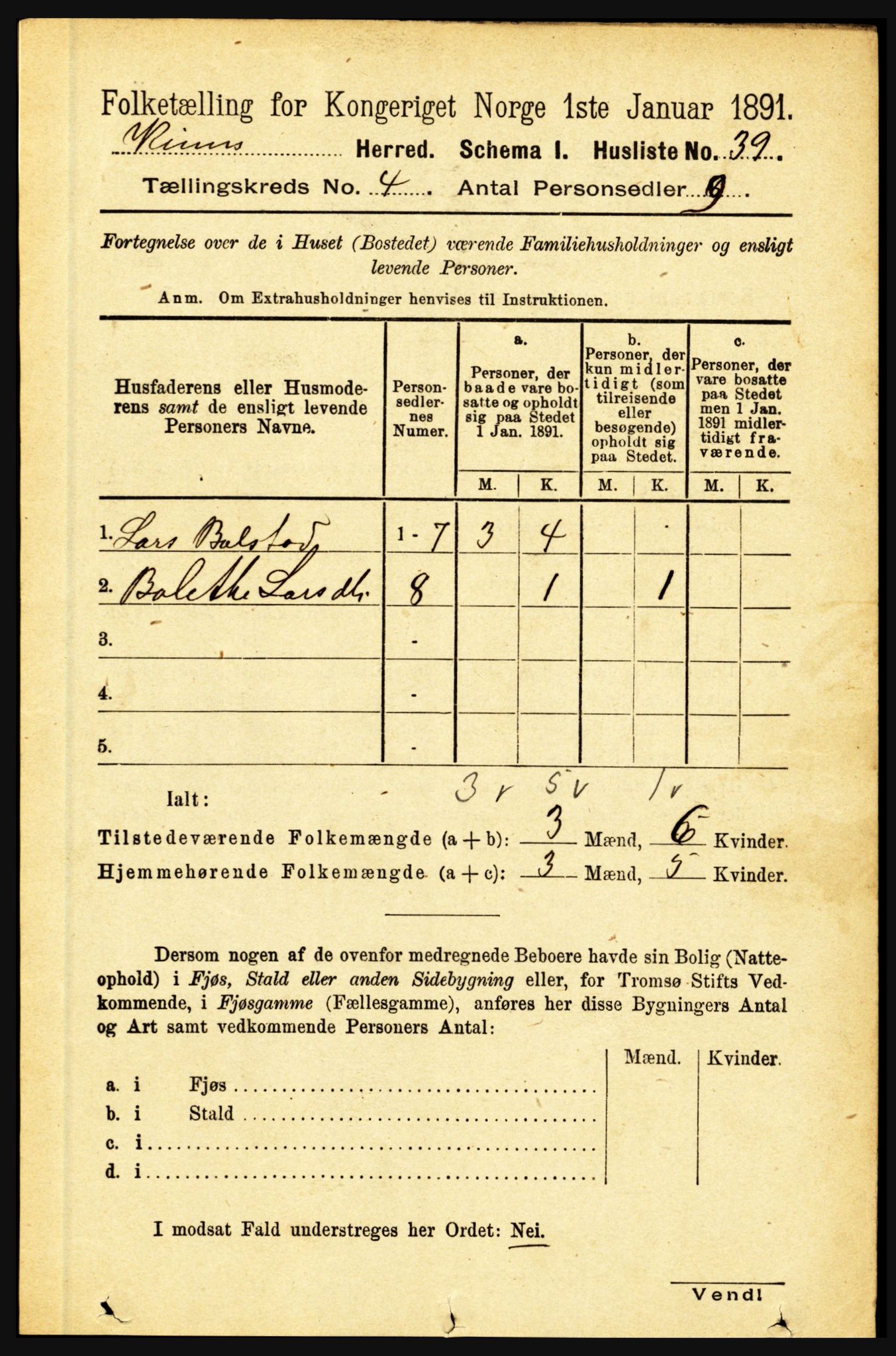 RA, 1891 census for 1437 Kinn, 1891, p. 1294