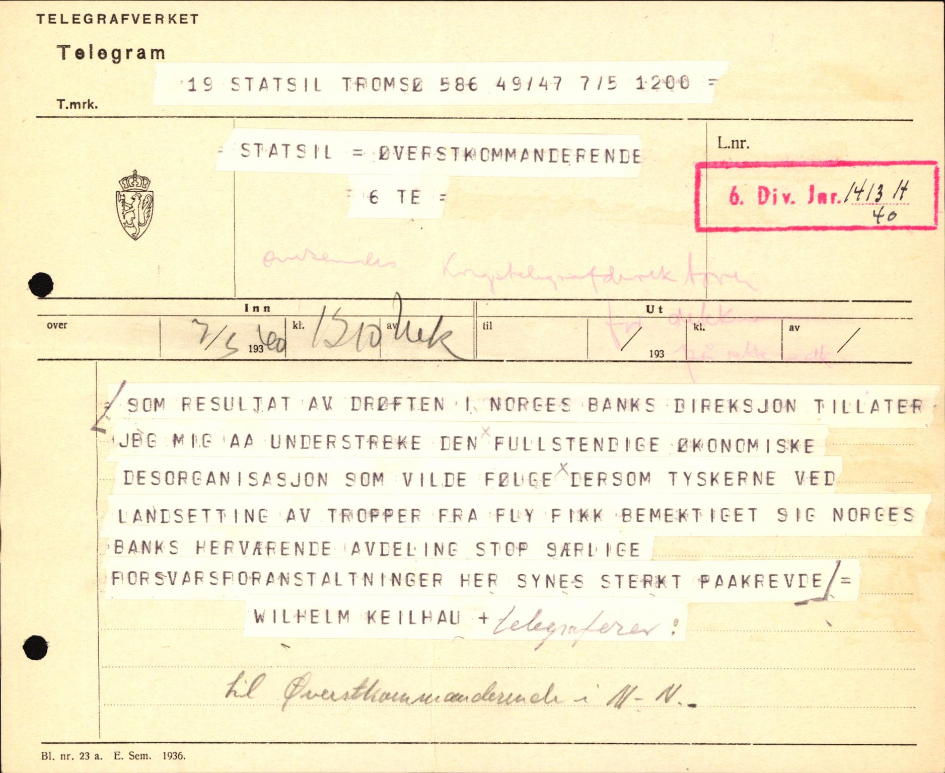 Forsvaret, Forsvarets krigshistoriske avdeling, RA/RAFA-2017/Y/Yb/L0122: II-C-11-600  -  6. Divisjon med avdelinger, 1940, p. 455