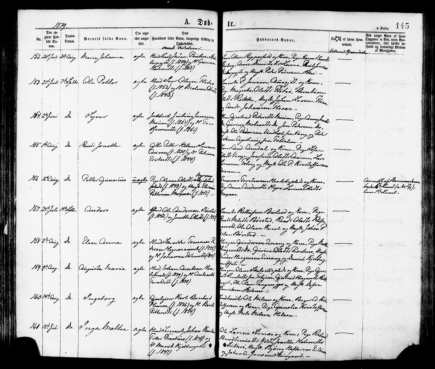 Ministerialprotokoller, klokkerbøker og fødselsregistre - Nord-Trøndelag, AV/SAT-A-1458/709/L0076: Parish register (official) no. 709A16, 1871-1879, p. 145