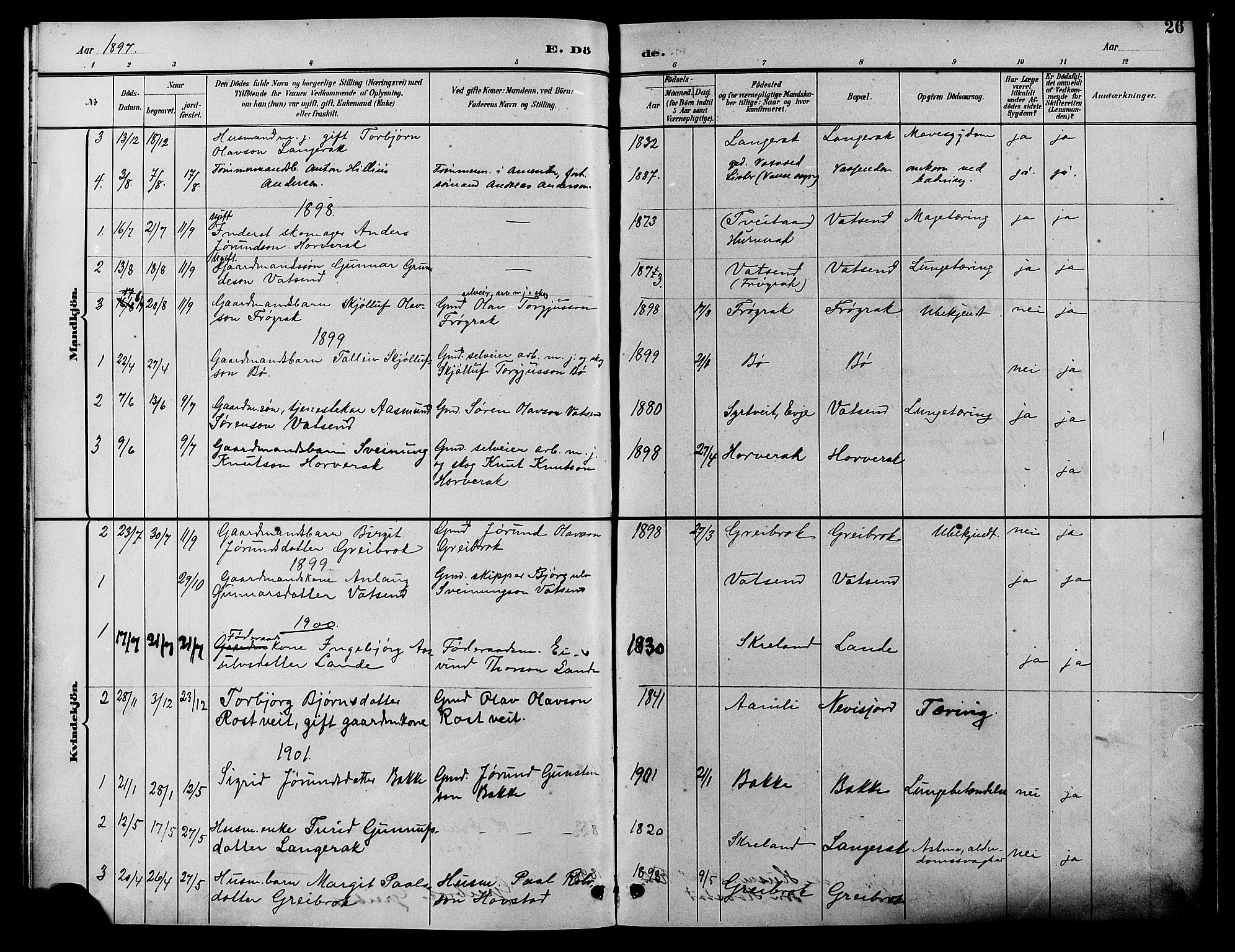 Bygland sokneprestkontor, SAK/1111-0006/F/Fb/Fbd/L0002: Parish register (copy) no. B 2, 1894-1909, p. 26