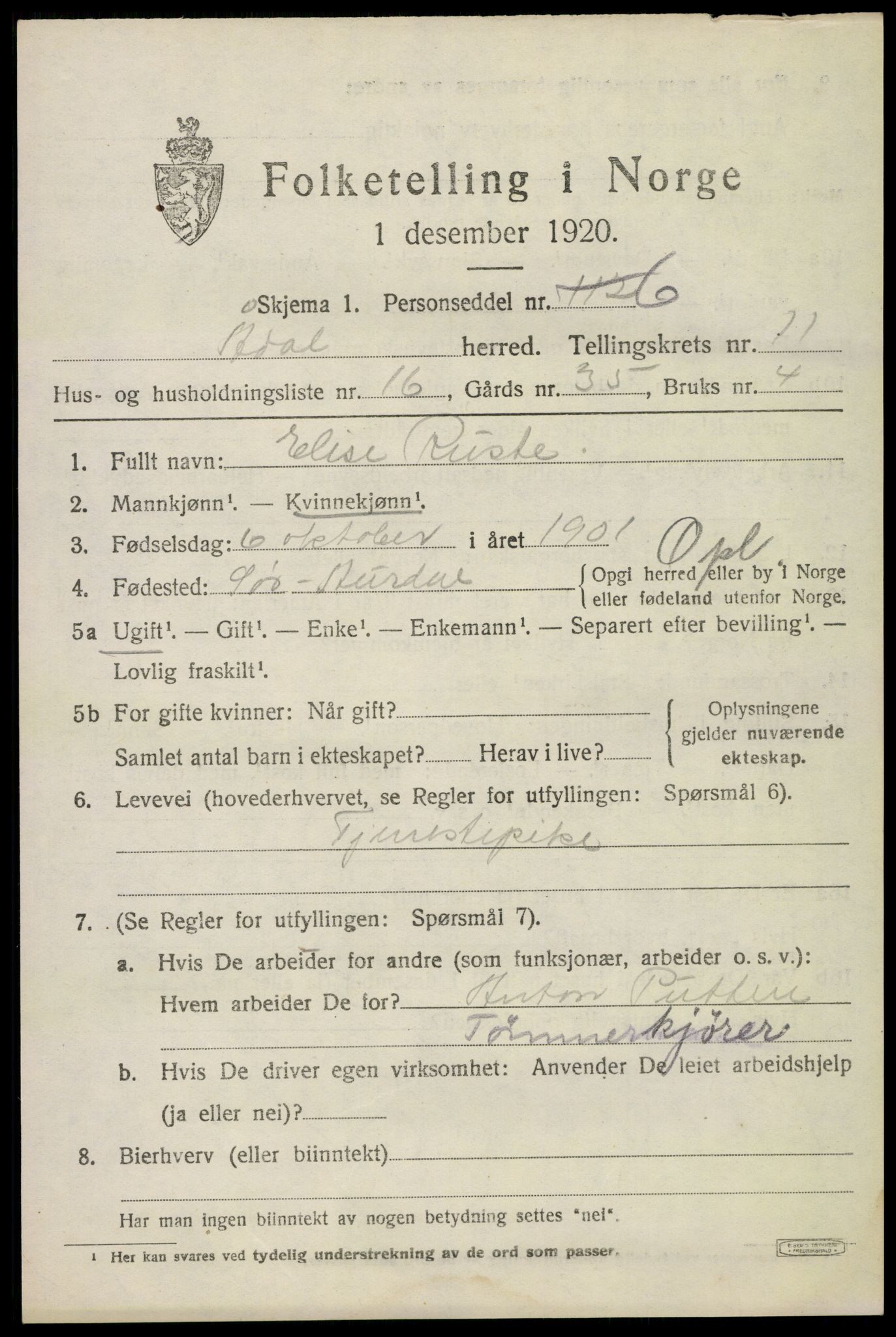 SAKO, 1920 census for Ådal, 1920, p. 6830