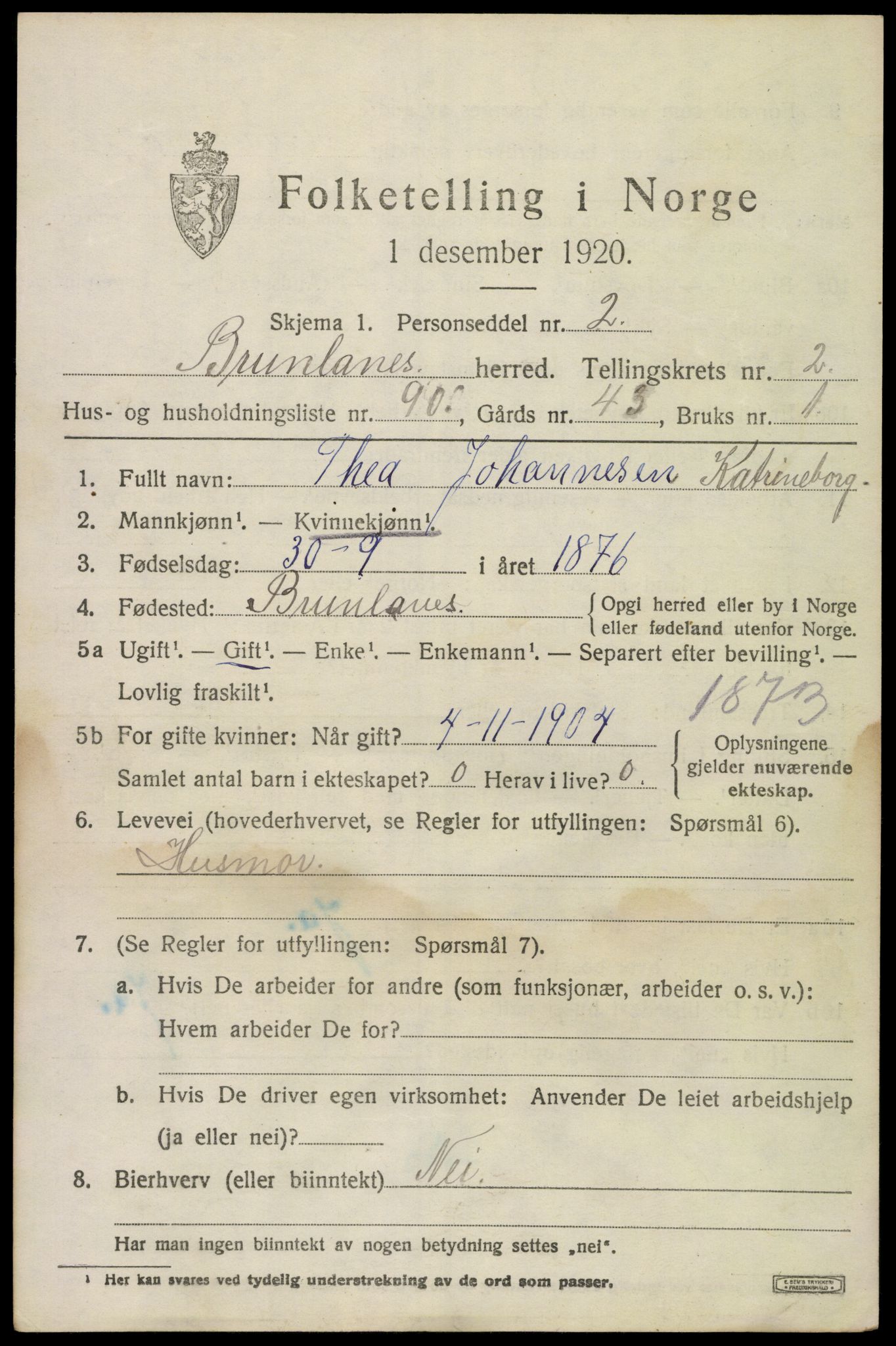SAKO, 1920 census for Brunlanes, 1920, p. 4507