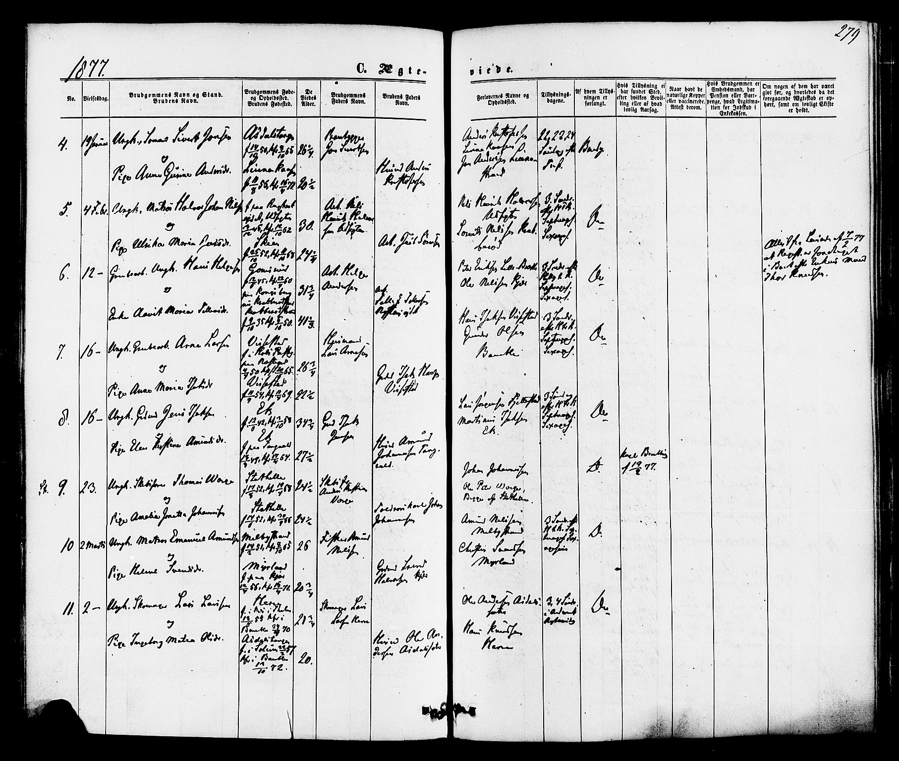Bamble kirkebøker, SAKO/A-253/F/Fa/L0006: Parish register (official) no. I 6, 1869-1877, p. 279