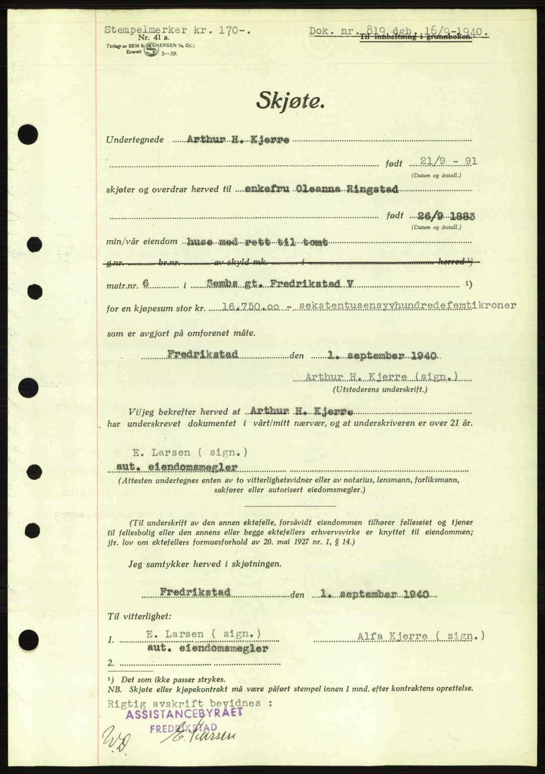 Fredrikstad byfogd, AV/SAO-A-10473a/G/Ga/Gac/L0002: Mortgage book no. A32a, 1940-1945, Diary no: : 819/1940