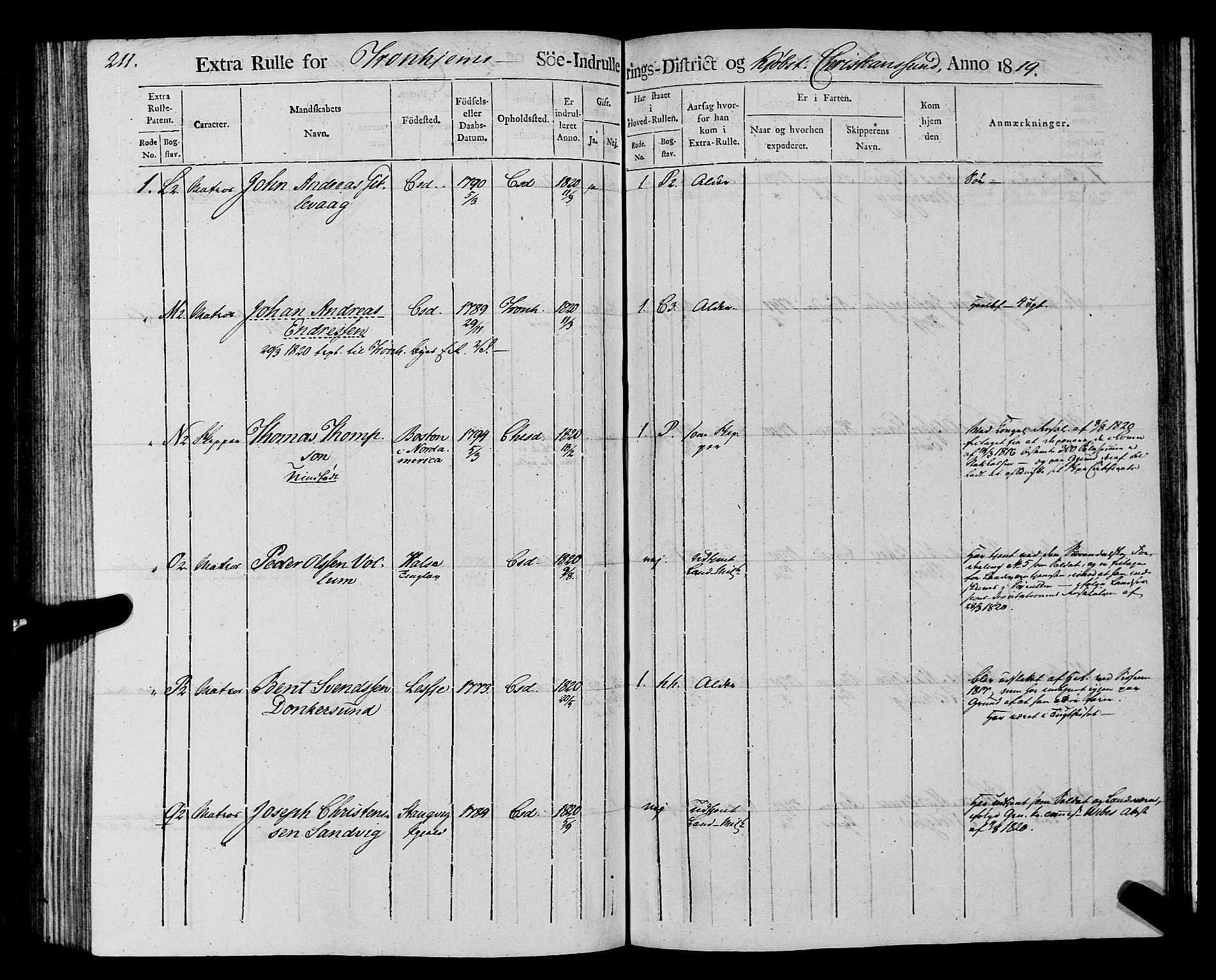 Sjøinnrulleringen - Trondhjemske distrikt, AV/SAT-A-5121/01/L0016/0001: -- / Rulle over Trondhjem distrikt, 1819, p. 211