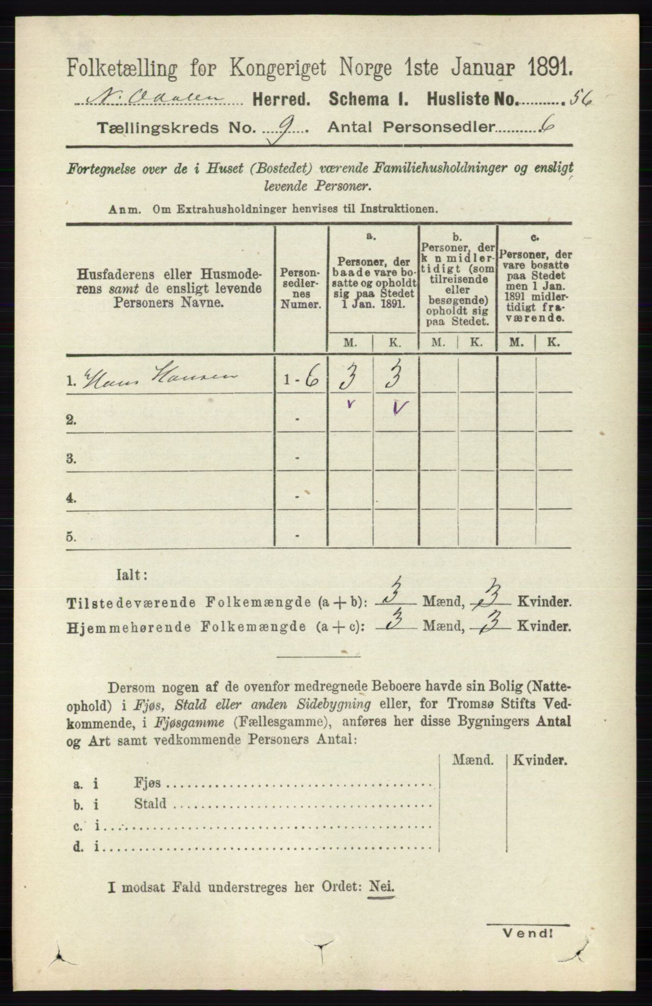 RA, 1891 census for 0418 Nord-Odal, 1891, p. 3990