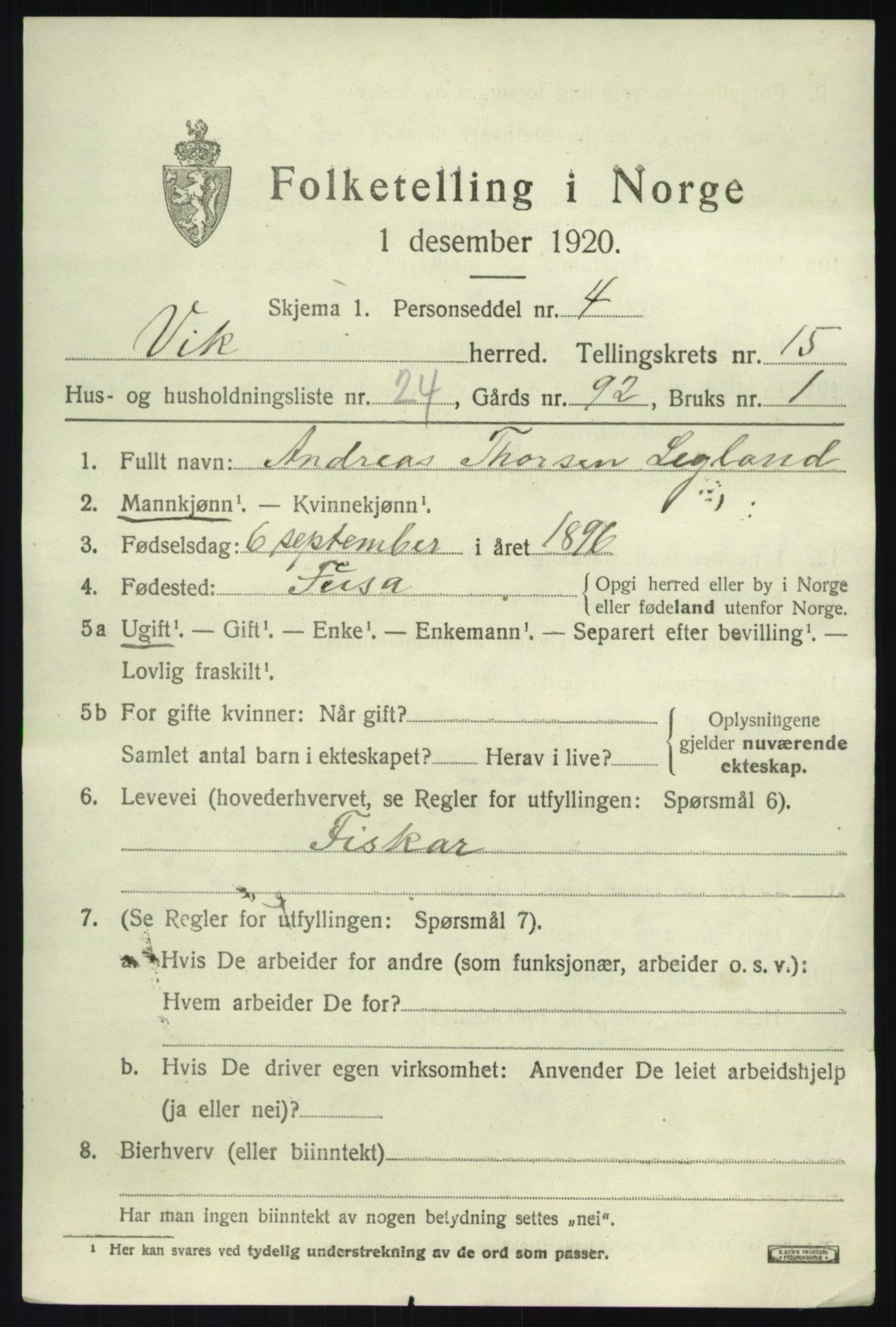 SAB, 1920 census for Vik, 1920, p. 8077