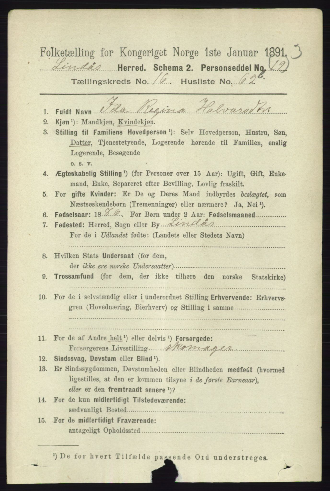 RA, 1891 census for 1263 Lindås, 1891, p. 6079