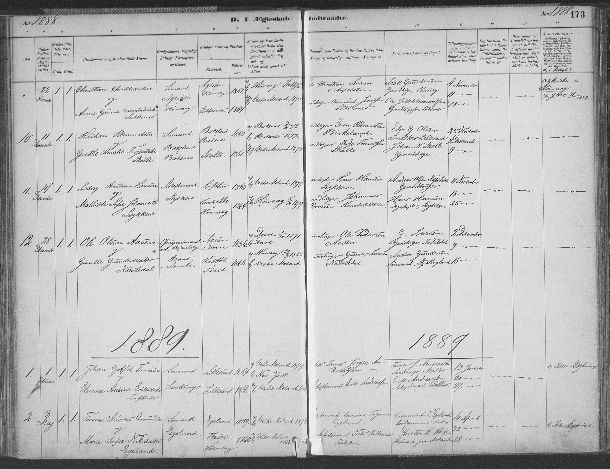 Vestre Moland sokneprestkontor, SAK/1111-0046/F/Fa/Fab/L0009: Parish register (official) no. A 9, 1884-1899, p. 173