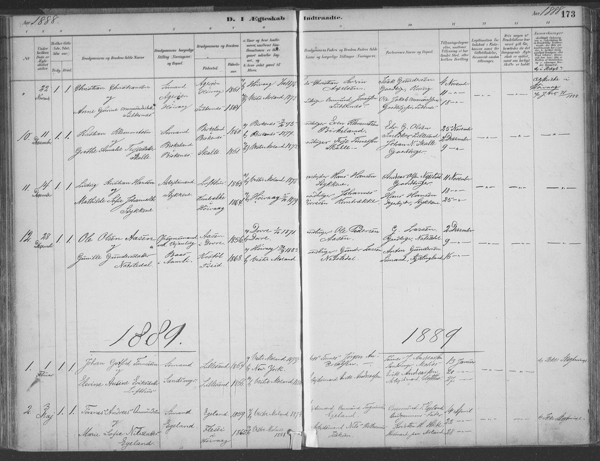 Vestre Moland sokneprestkontor, AV/SAK-1111-0046/F/Fa/Fab/L0009: Parish register (official) no. A 9, 1884-1899, p. 173