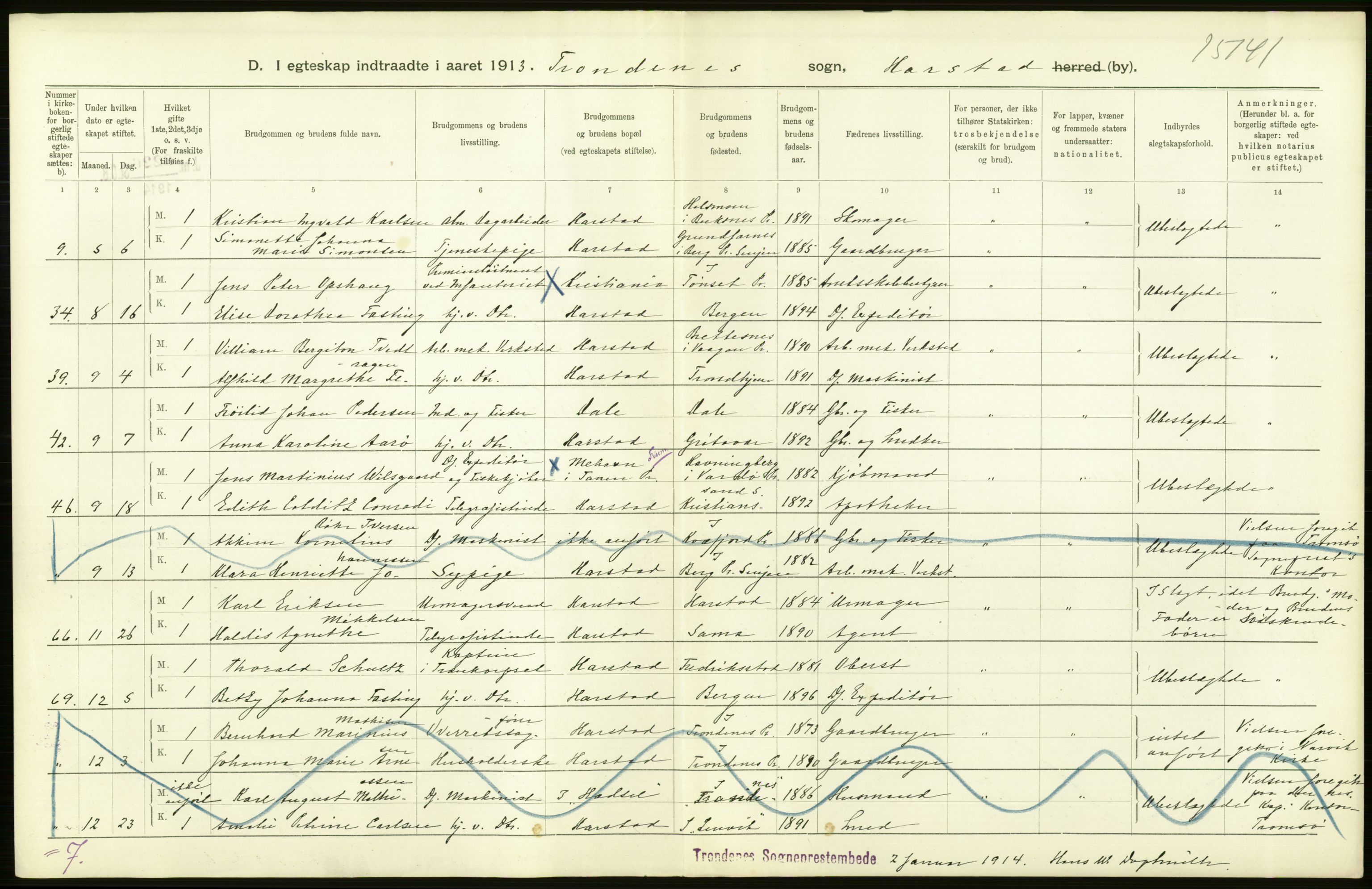 Statistisk sentralbyrå, Sosiodemografiske emner, Befolkning, AV/RA-S-2228/D/Df/Dfb/Dfbc/L0047: Tromsø amt: Gifte, døde, dødfødte. Bygder og byer., 1913, p. 516