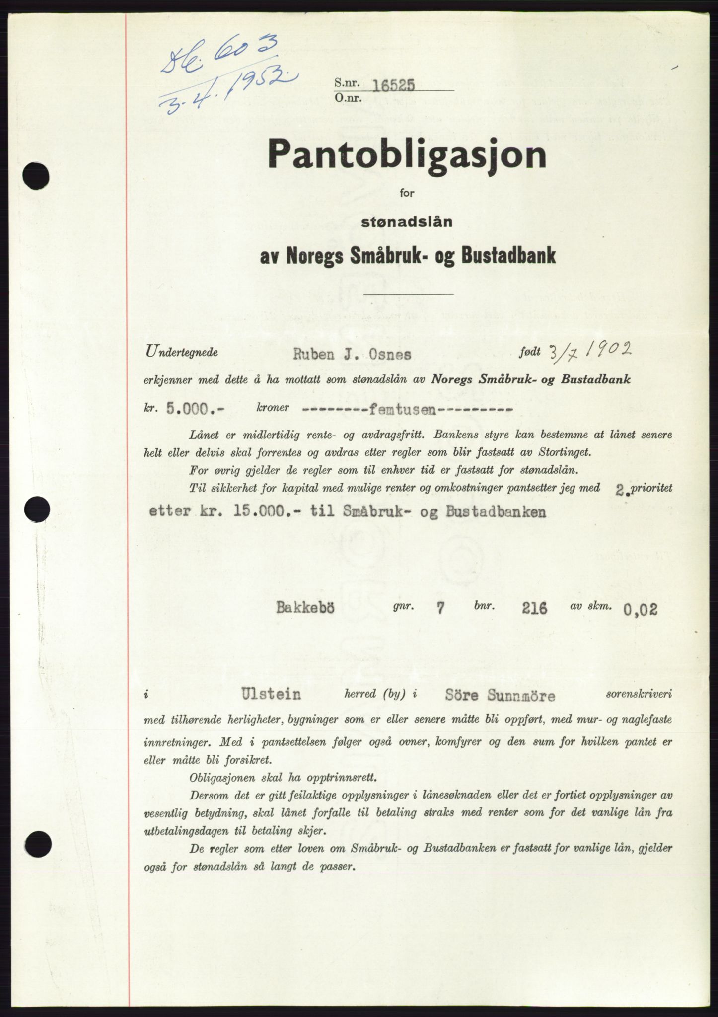 Søre Sunnmøre sorenskriveri, AV/SAT-A-4122/1/2/2C/L0121: Mortgage book no. 9B, 1951-1952, Diary no: : 603/1952