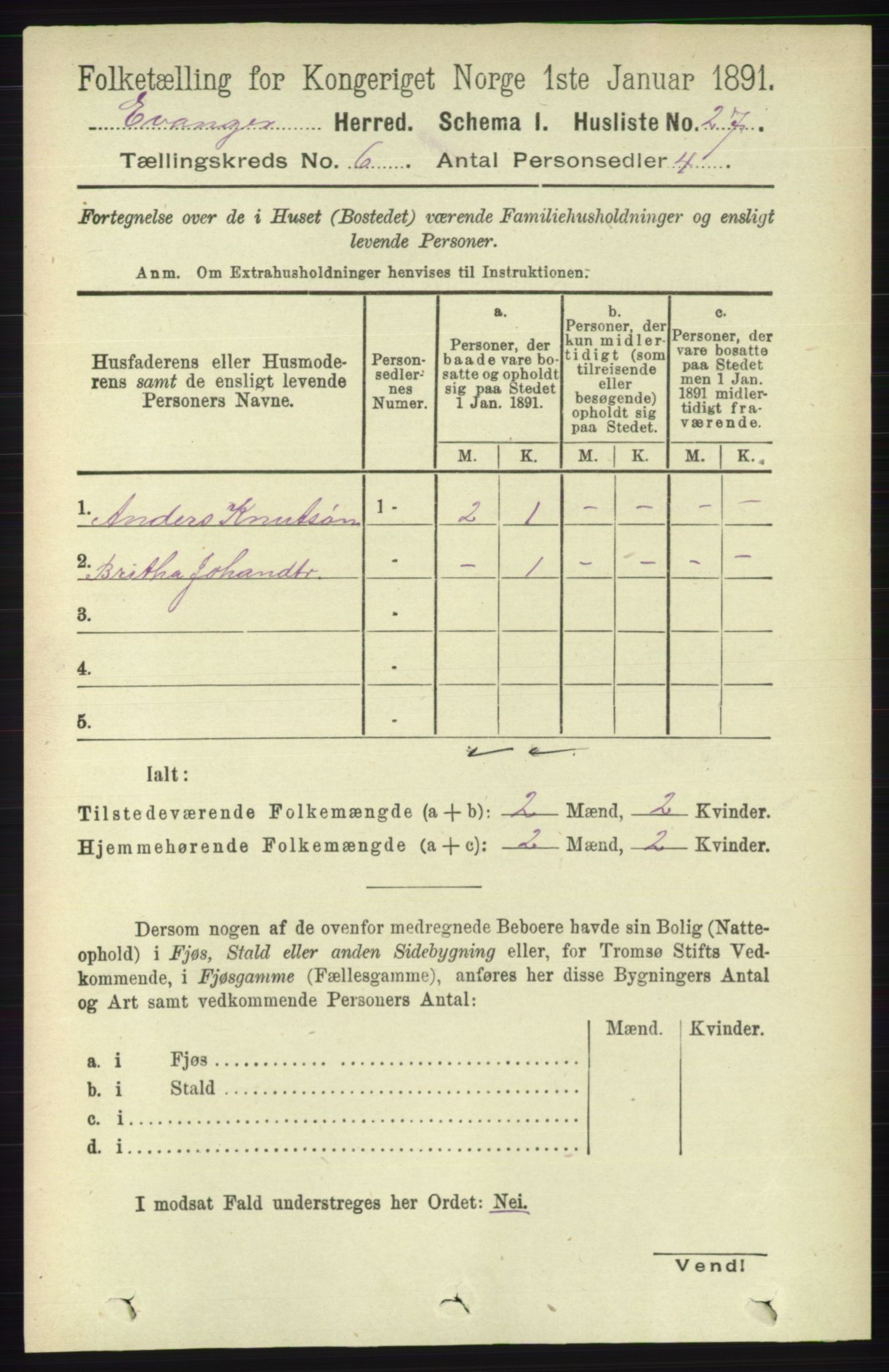 RA, 1891 census for 1237 Evanger, 1891, p. 1606