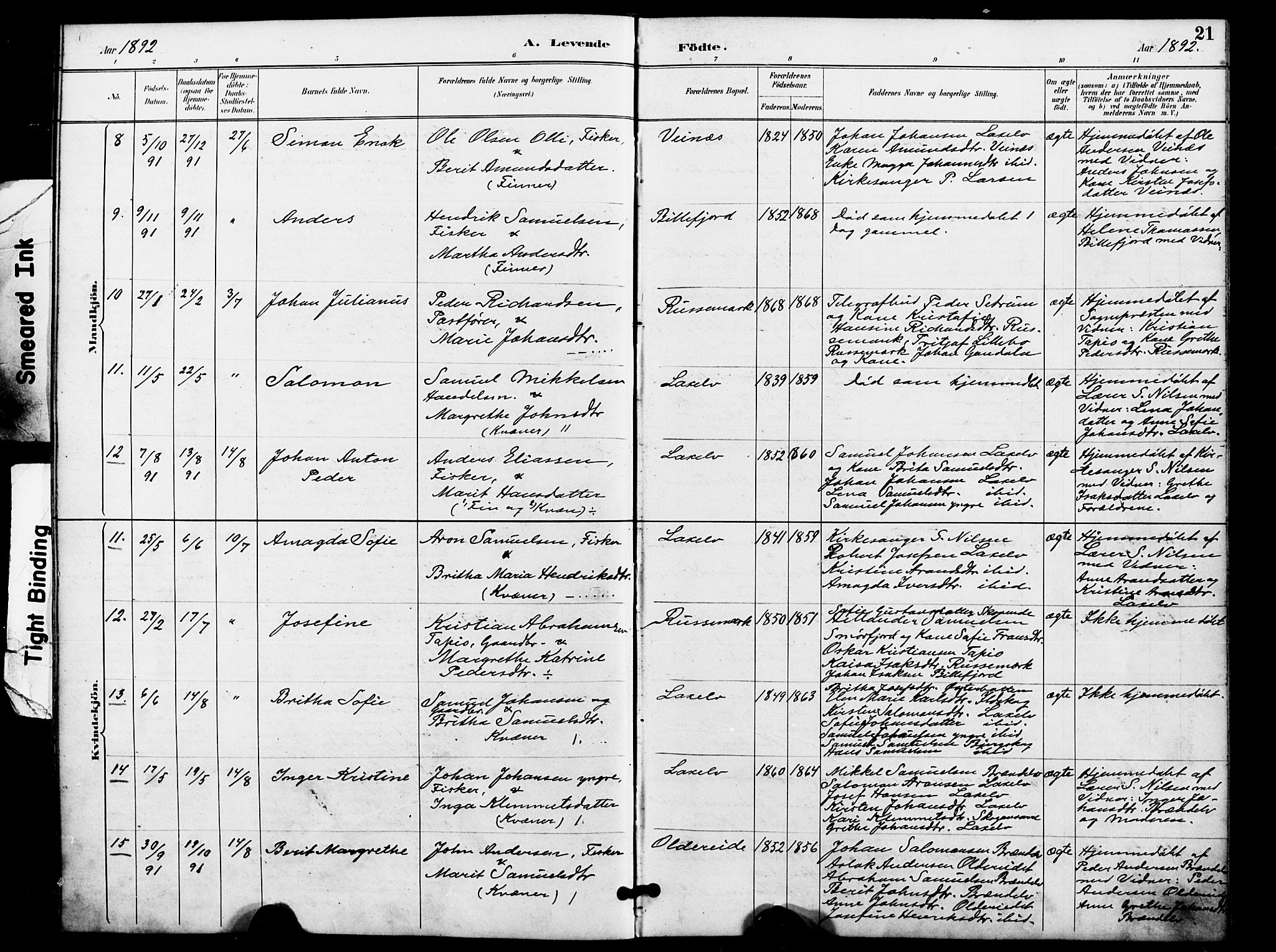 Kistrand/Porsanger sokneprestembete, AV/SATØ-S-1351/H/Ha/L0008.kirke: Parish register (official) no. 8, 1890-1898, p. 21