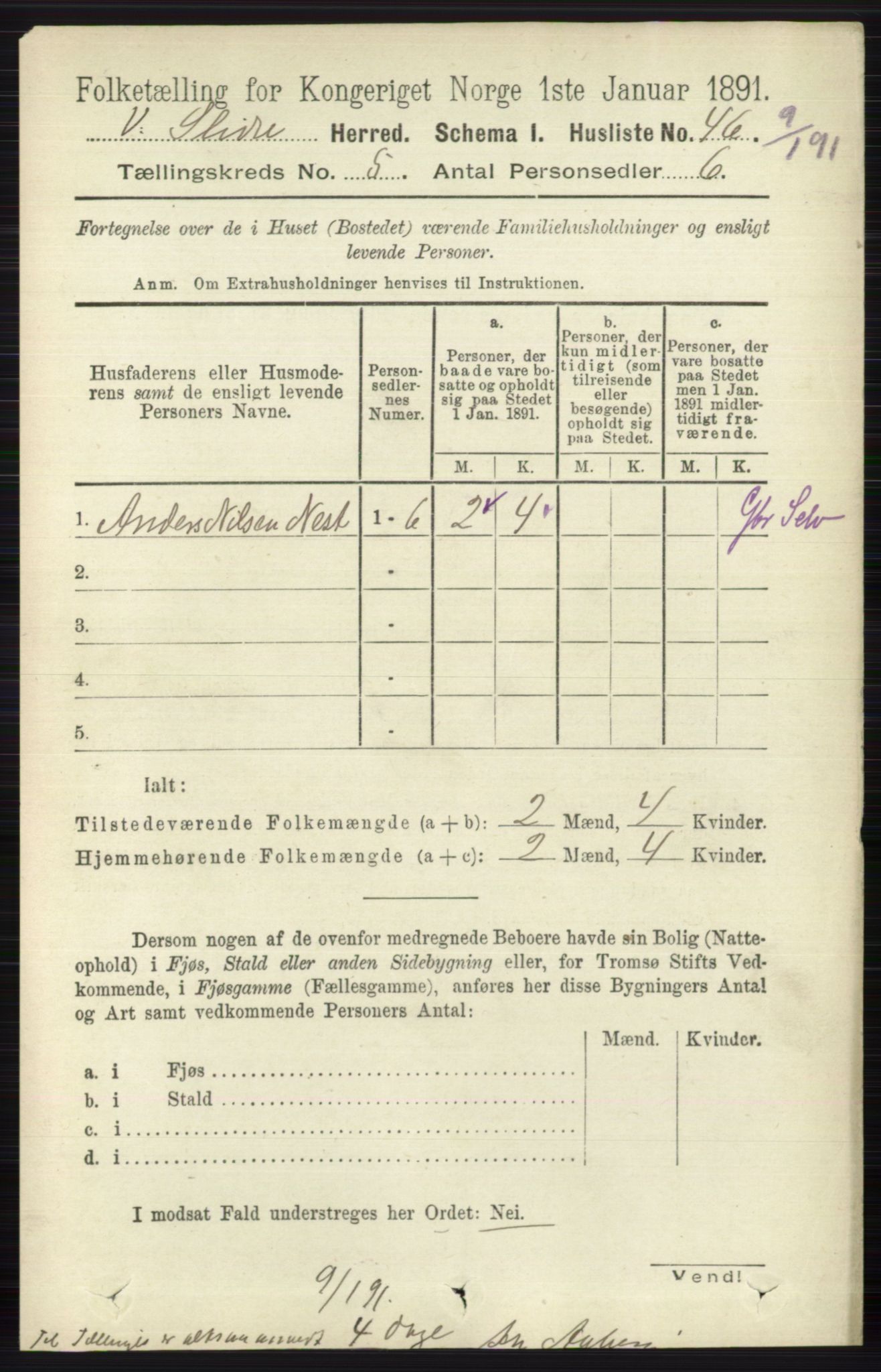 RA, 1891 census for 0543 Vestre Slidre, 1891, p. 1734