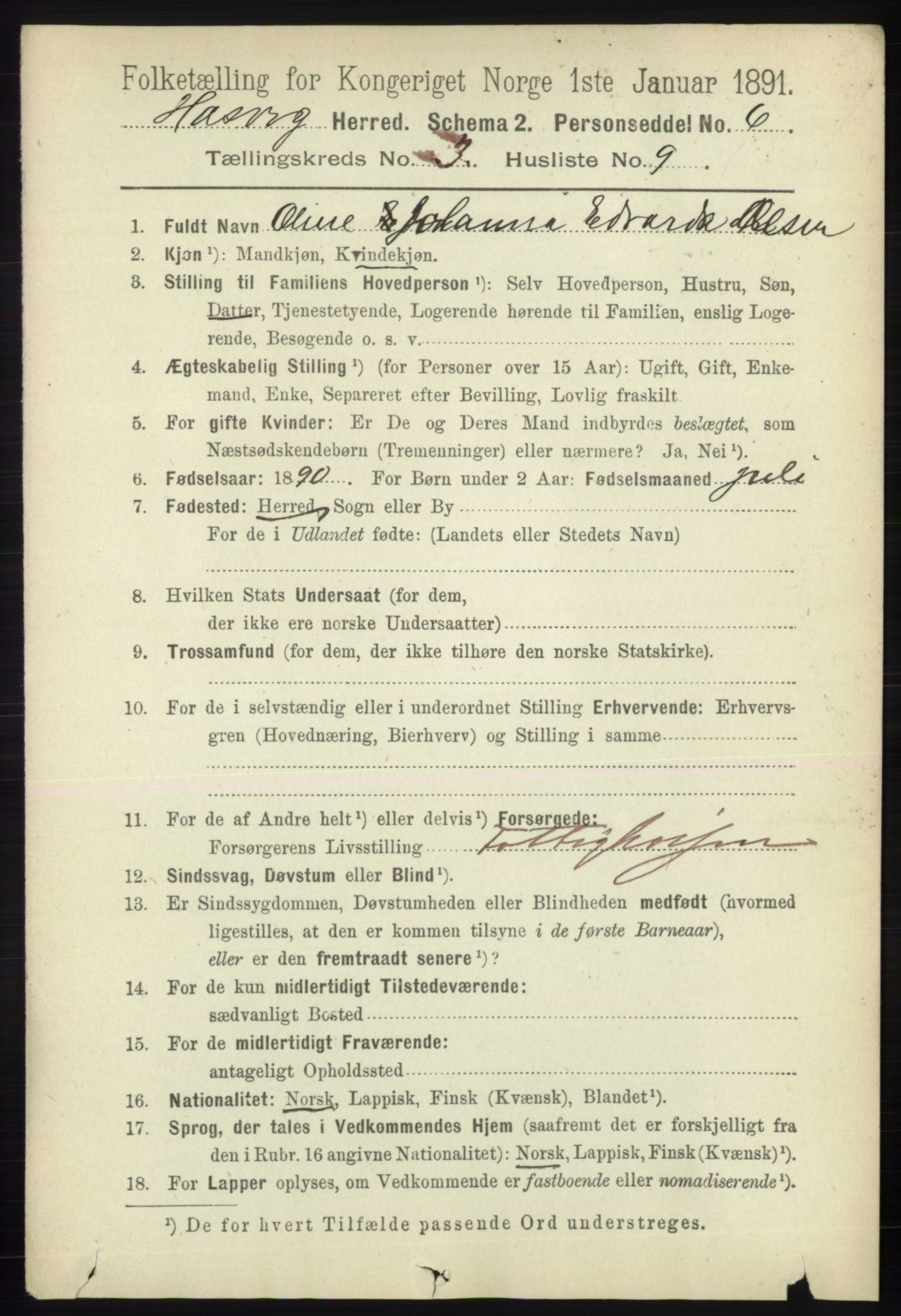 RA, 1891 census for 2015 Hasvik, 1891, p. 458