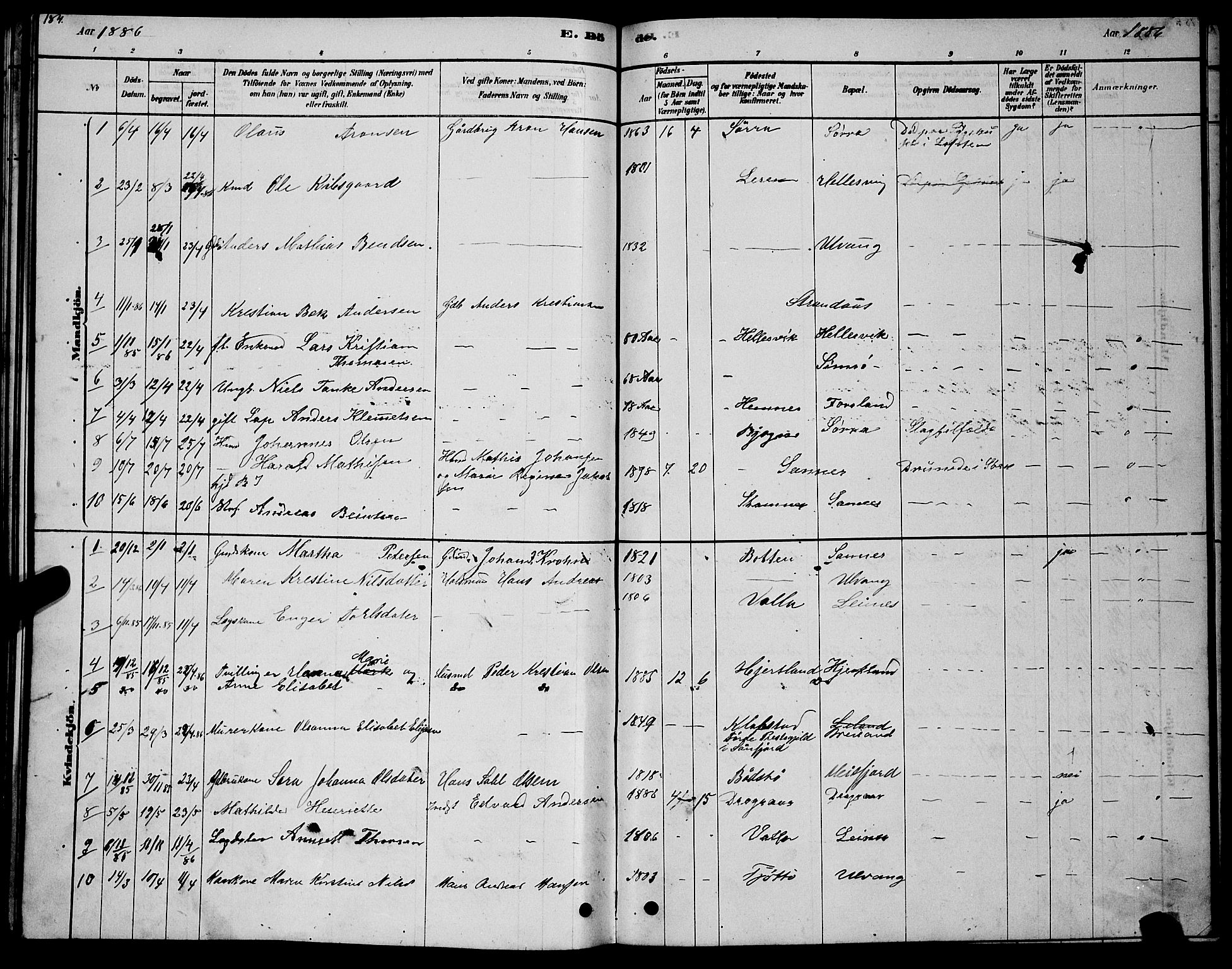 Ministerialprotokoller, klokkerbøker og fødselsregistre - Nordland, AV/SAT-A-1459/831/L0477: Parish register (copy) no. 831C04, 1878-1897, p. 184