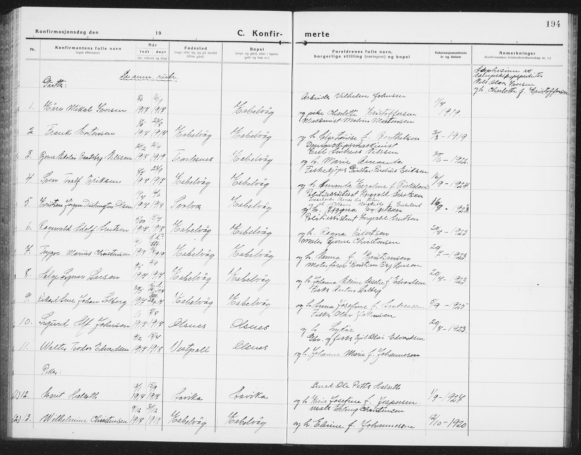 Ministerialprotokoller, klokkerbøker og fødselsregistre - Nordland, AV/SAT-A-1459/874/L1081: Parish register (copy) no. 874C10, 1925-1941, p. 194