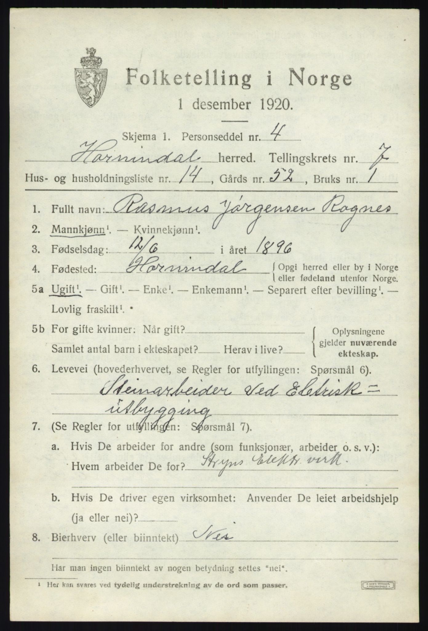 SAB, 1920 census for Hornindal, 1920, p. 3718