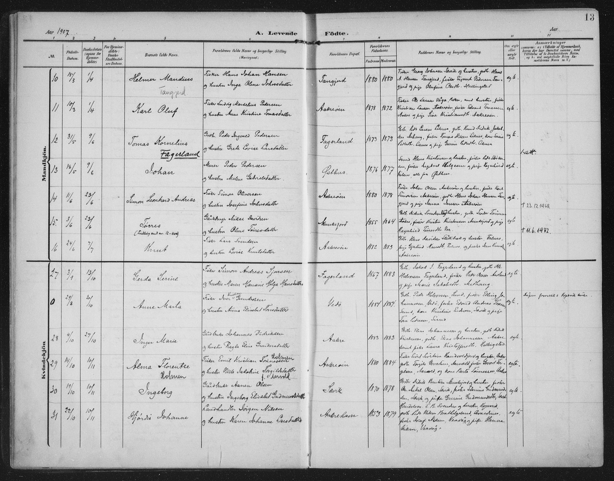 Kopervik sokneprestkontor, AV/SAST-A-101850/H/Ha/Haa/L0005: Parish register (official) no. A 5, 1906-1924, p. 13
