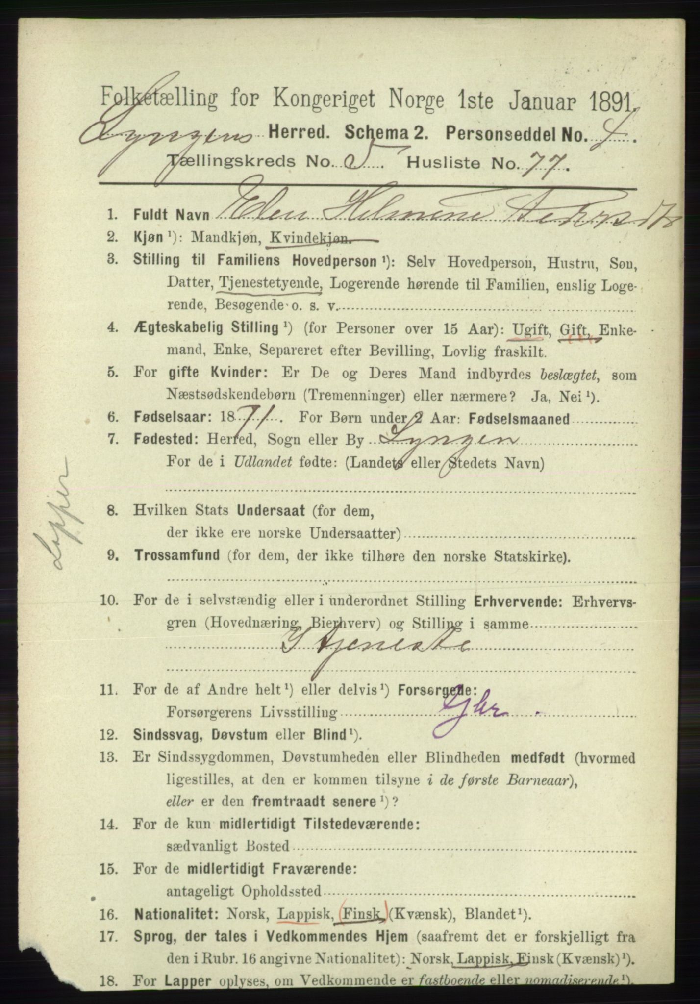 RA, 1891 census for 1938 Lyngen, 1891, p. 4911